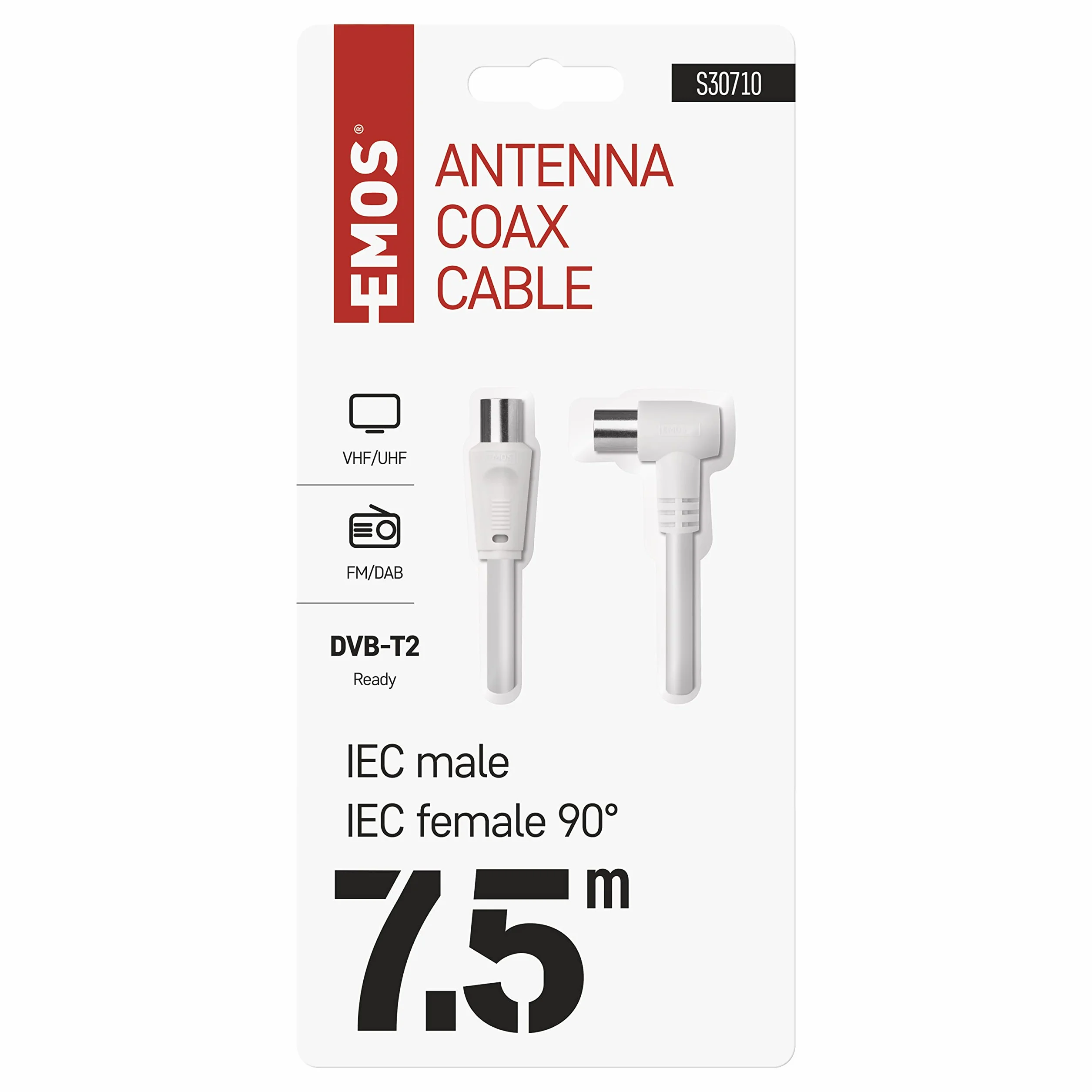 EMOS Câble d'Antenne Coaxial pour TV Numérique, Récepteur, SAT - Double Blindage, Connecteur Mâle Droit vers Femelle Coudé (90°)
