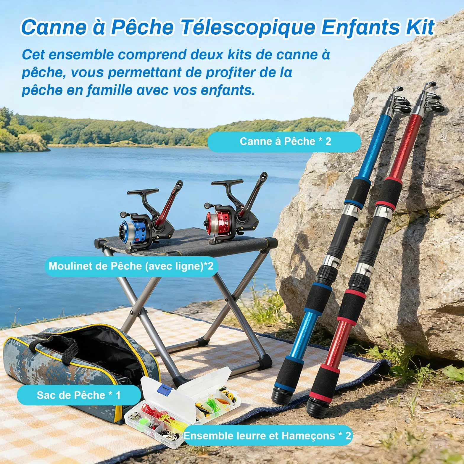 Cannes à Pêche Enfants Télescopiques 1,8m Kit Complet Débutants avec Moulinet 5,2:1 Leurres Sac de Transport Mer Lac