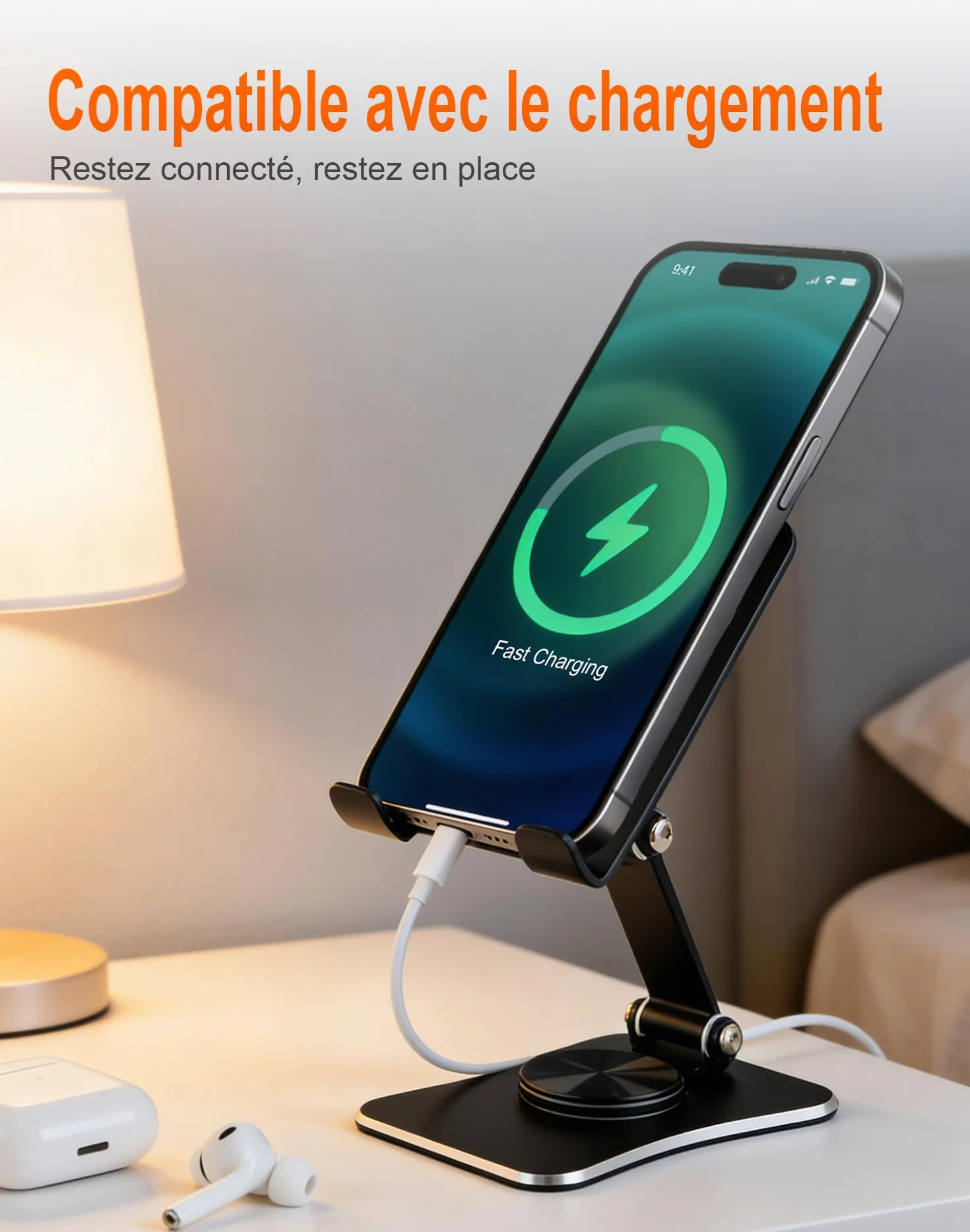 GRIFEMA GB1055 Support Téléphone et Tablette de Bureau Pliable, Rotatif 360°, Ajustable, Alliage d'Aluminium, Compatible 3,5–10,5''