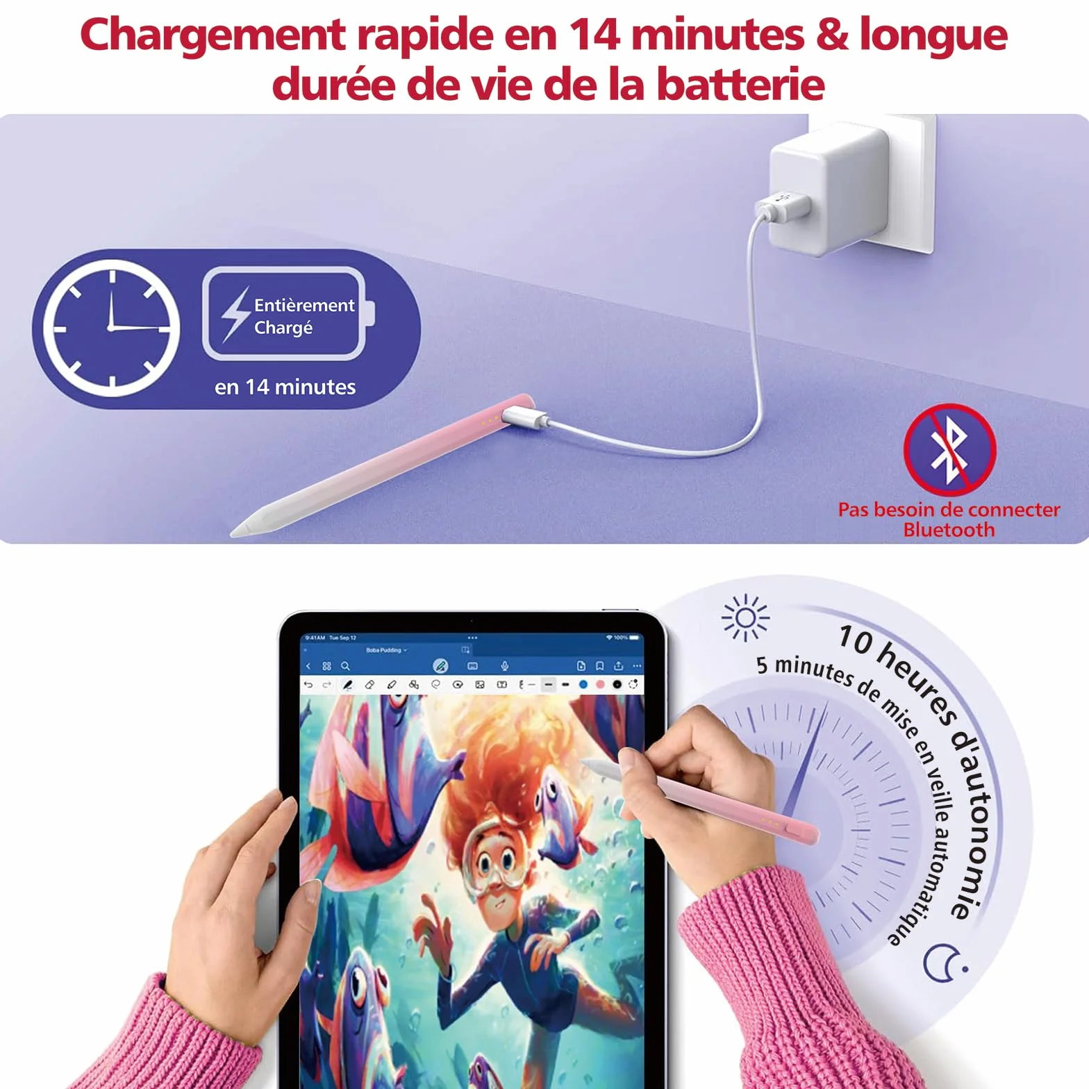 Stylet iPad 2018-2025, Charge Rapide 14 Min, Rejet Paume, Sensibilité Inclinaison, Stylo iPad 11/10/9/8/7/6, Pro 12.9/11/13 M4, Mini 6/5, Air 5/4/3/11-13 M2/M3 (Rose)