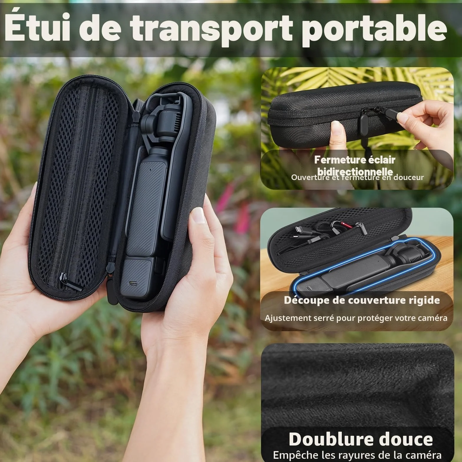 Étui de transport nylon avec doublure en peluche et mousqueton noir