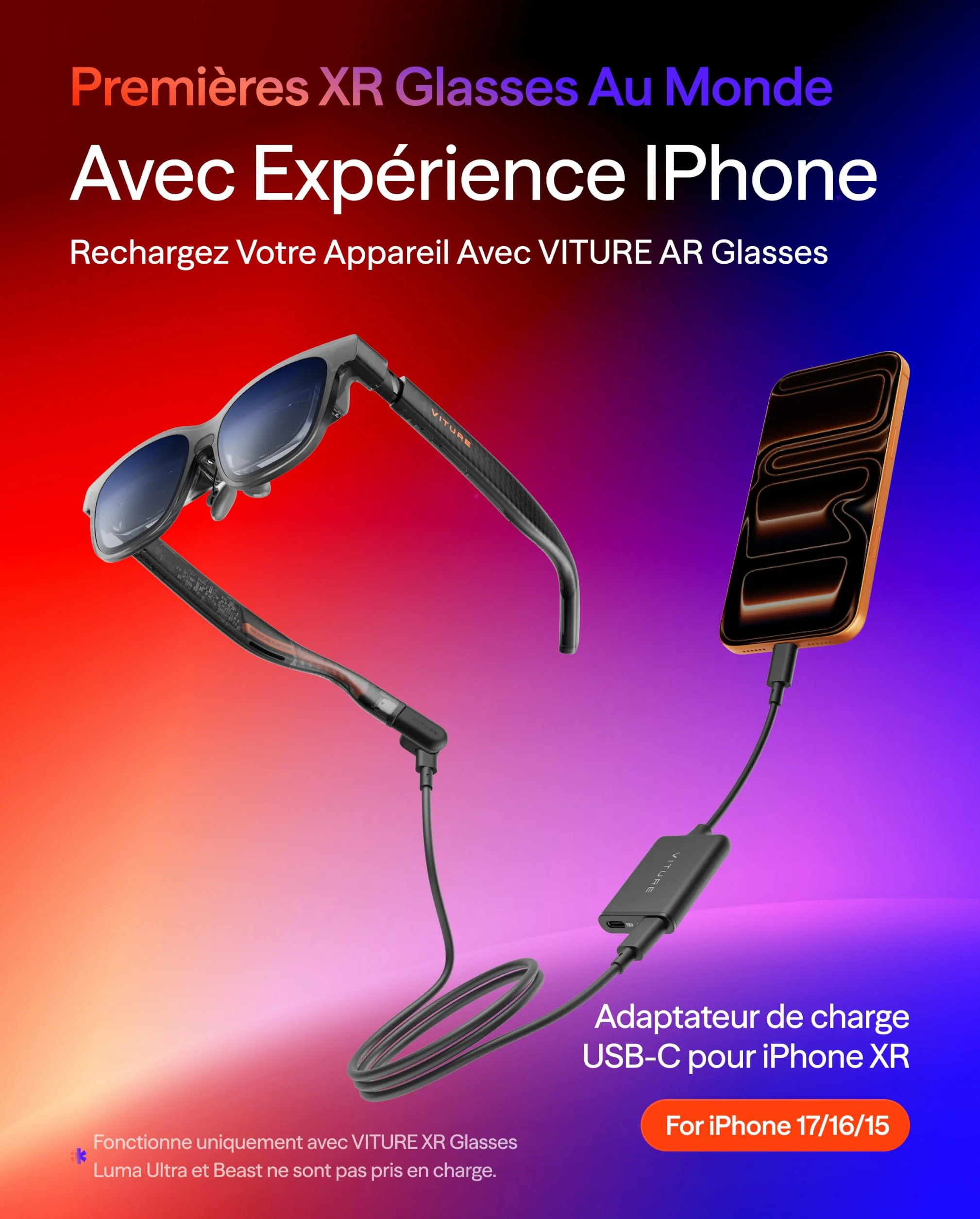 VITURE Adaptateur de Charge USB C XR USB-C iPhone Multi-écran 3DoF 3D Spatial VR Compatible iPhone 17/16/15 Charge Lecture