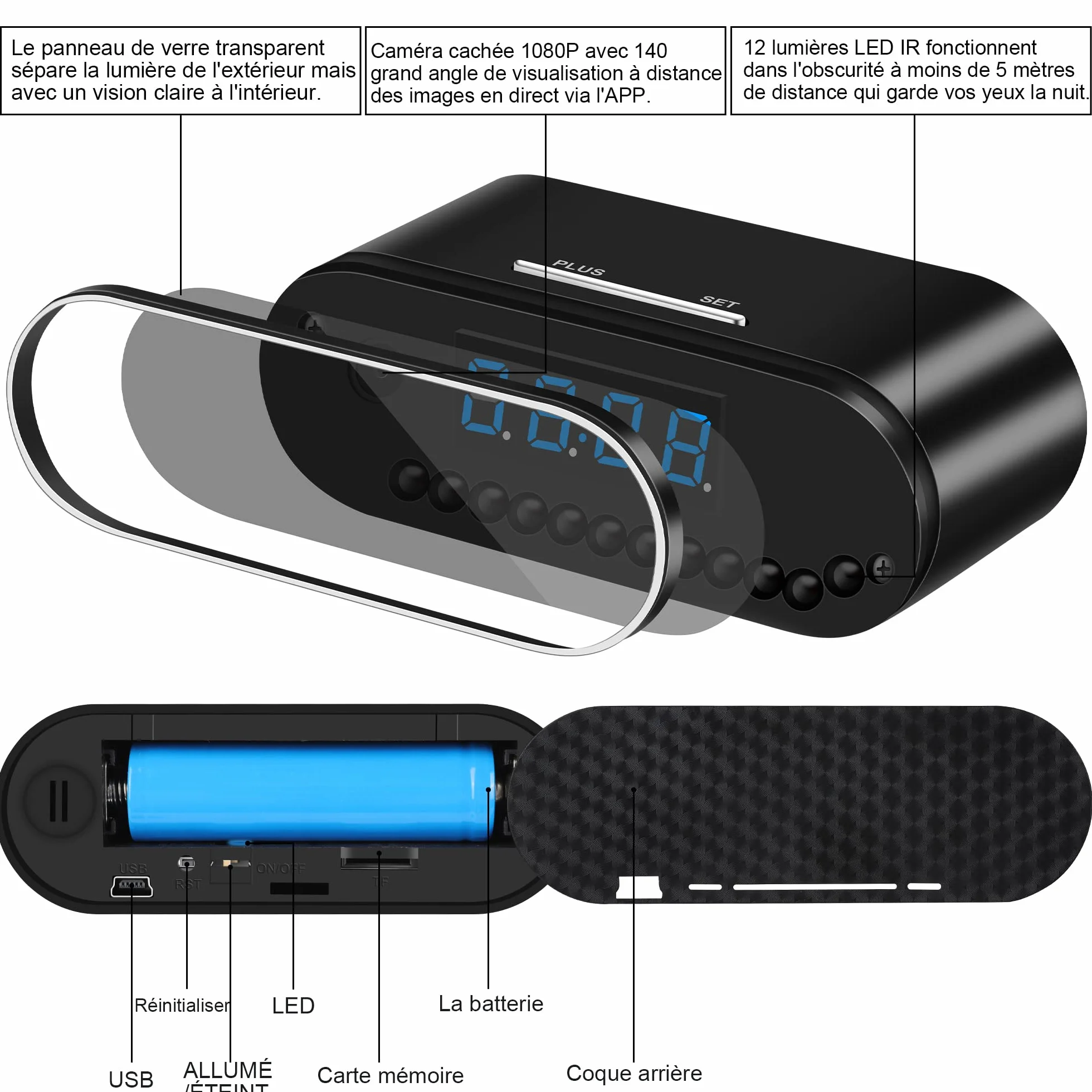Caméra de Surveillance WiFi Intérieure 1080P Mini Espion Sans Fil Vision Nocturne Détecteur de Mouvement Noir