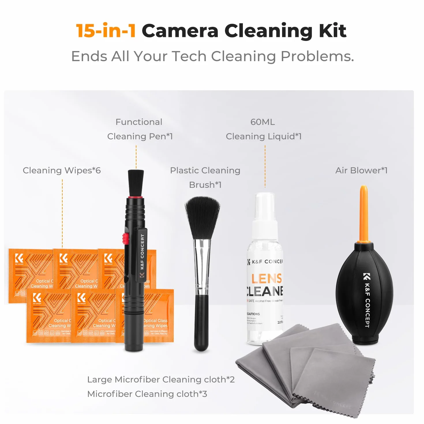 K&F CONCEPT Kit de Nettoyage Appareil Photo 15-en-1 Soufflerie d'air, Lingettes Nettoyantes*6, 60ml Liquide de Nettoyage, Chiffon de Nettoyage*5, Brosse de Nettoyage pour DSLR Téléphones Portables