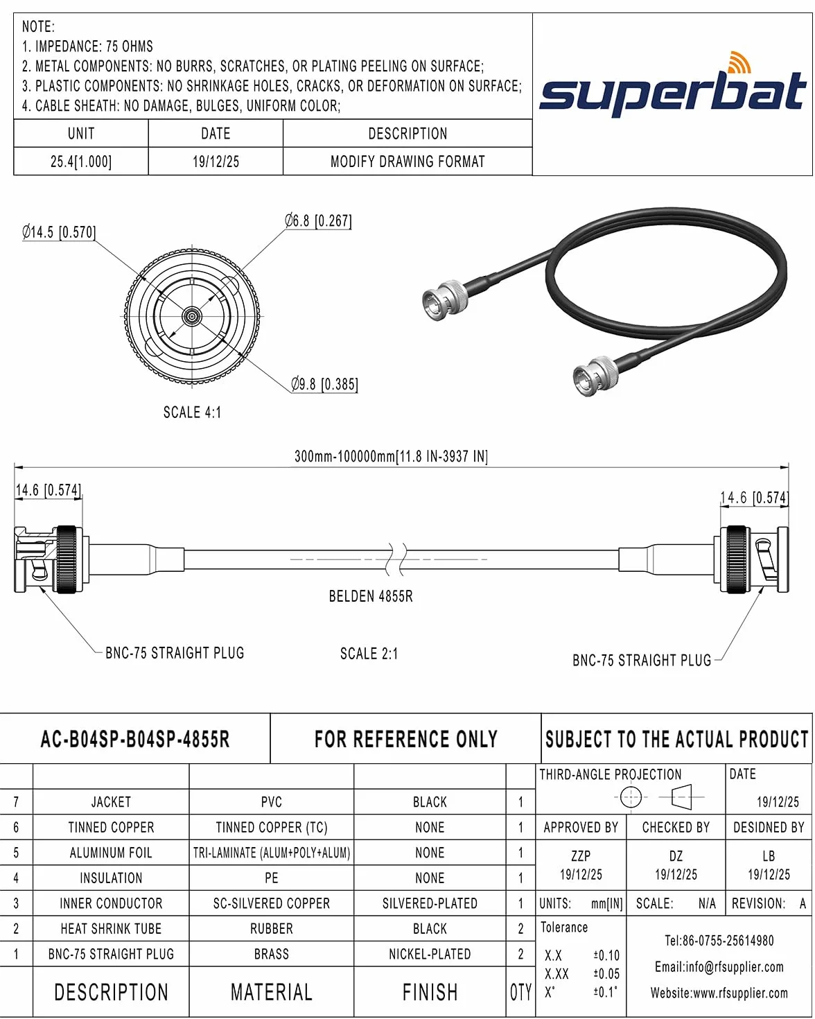 Superbat Câble SDI 12G 4K Court 30cm BNC Mâle à Mâle Belden 4855R Cordon SDI 75 ohms pour Blackmagic Vidéo DVR Oscilloscopes Caméras de Surveillance CCTV