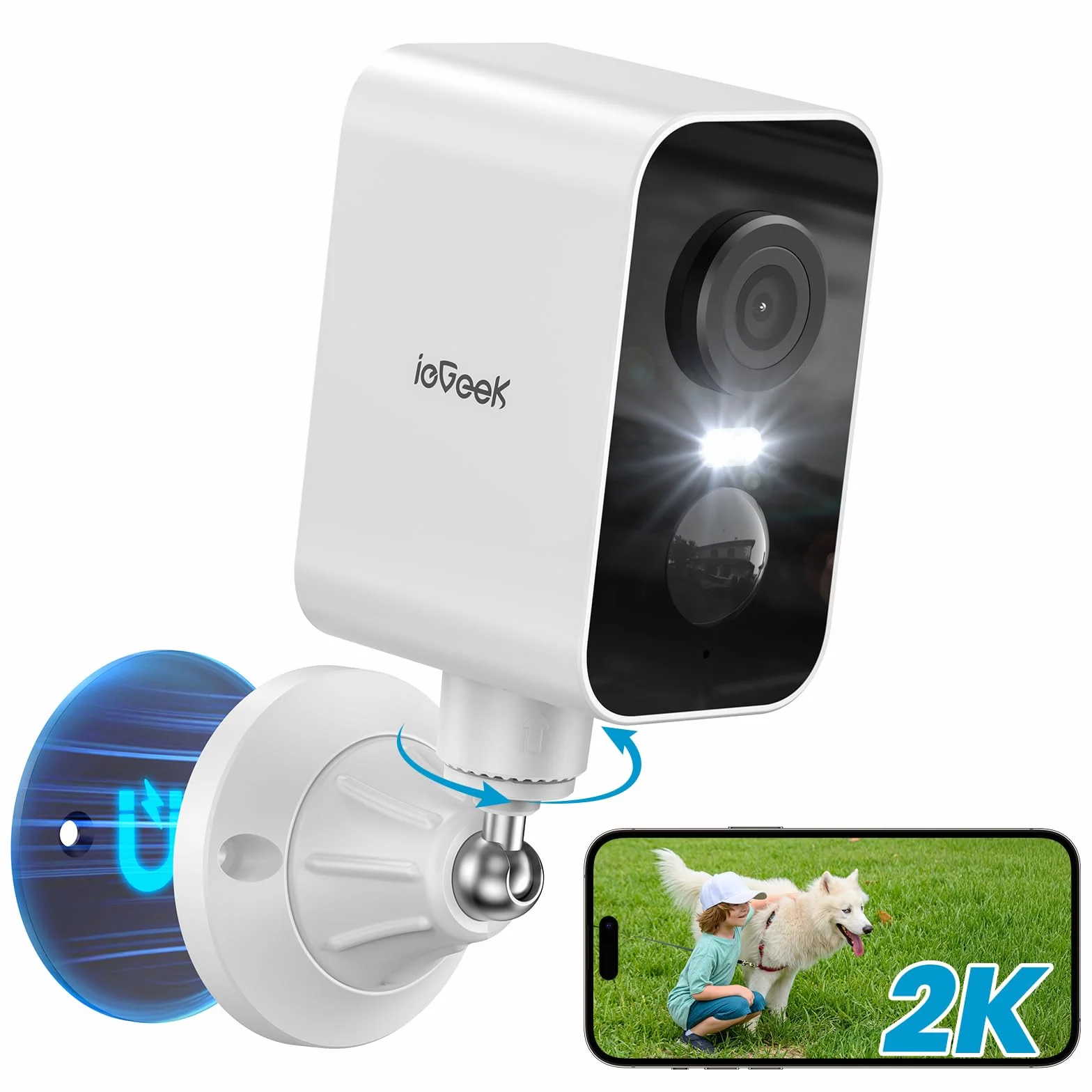 ieGeek 2K Base Magnétique Camera Surveillance WiFi Exterieure sans Fil Batterie, Camera Extérieure/Intérieure, Vision Nocturne Couleur, Détection de Mouvement PIR, Sirène d'alarme, Étanche IP65