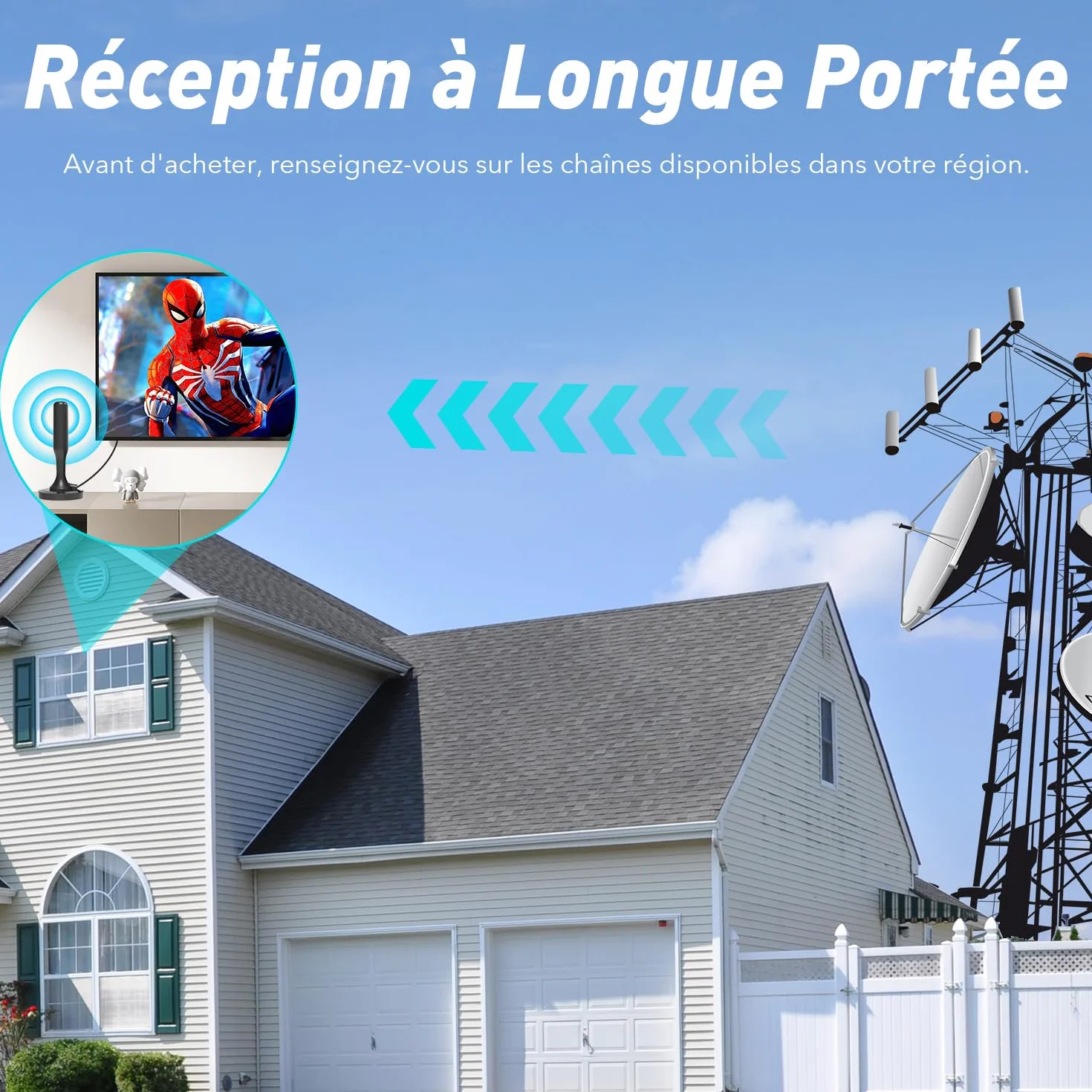 Antenne TV Intérieur Puissante, TNT HD 4K 1080P, Réception 360° Longue Portée 500km, Câble Coaxial 3m