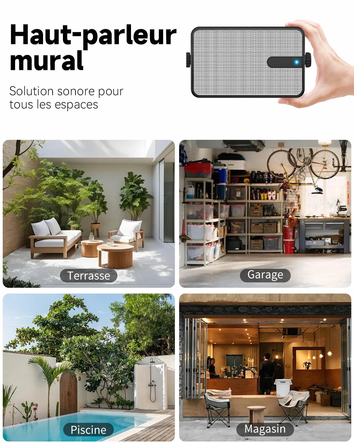 250W Haut-parleurs Bluetooth Extérieurs, Synchronisation sans Fil Entre Haut-parleurs, Montage Murale pour Terrasse, Véranda, Gazebo, Garage, Pack de 2 (MZ-632)