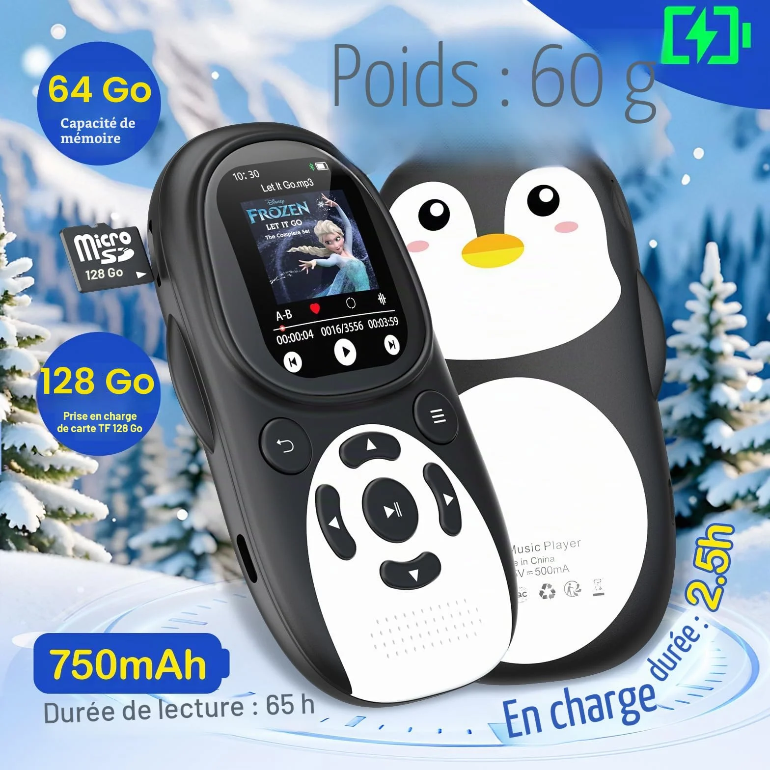 Lecteur MP3 Enfant Bluetooth 5.3 64Go Écran IPS 2 Pouces Radio FM 750mAh