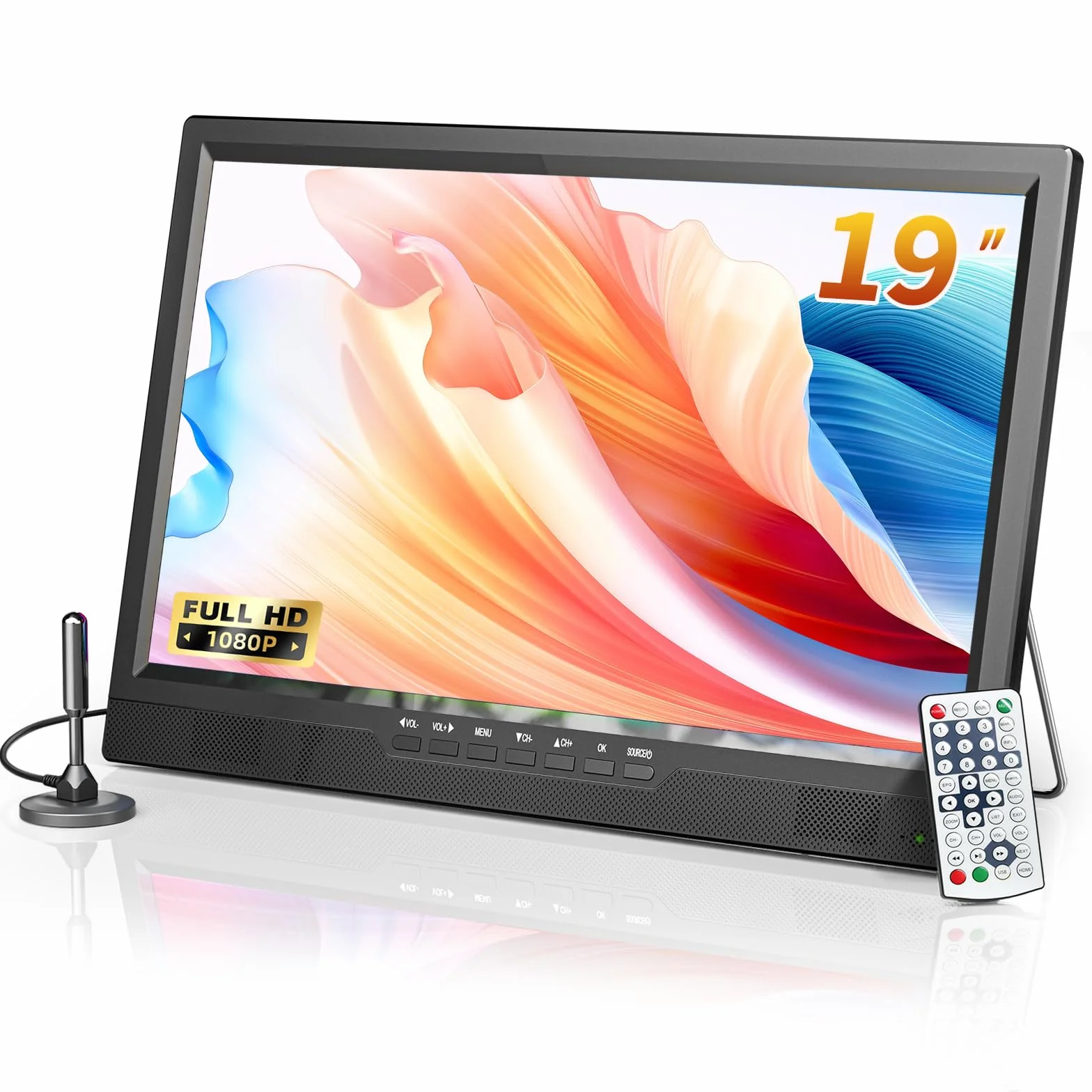 Desobry Téléviseur portable 19 pouces, petite tv 1080P avec batterie et support intégrée, Tuner numérique DVB-T2, HDMI AV USB, tv 12v pour camping car, VR, cuisine, chambre