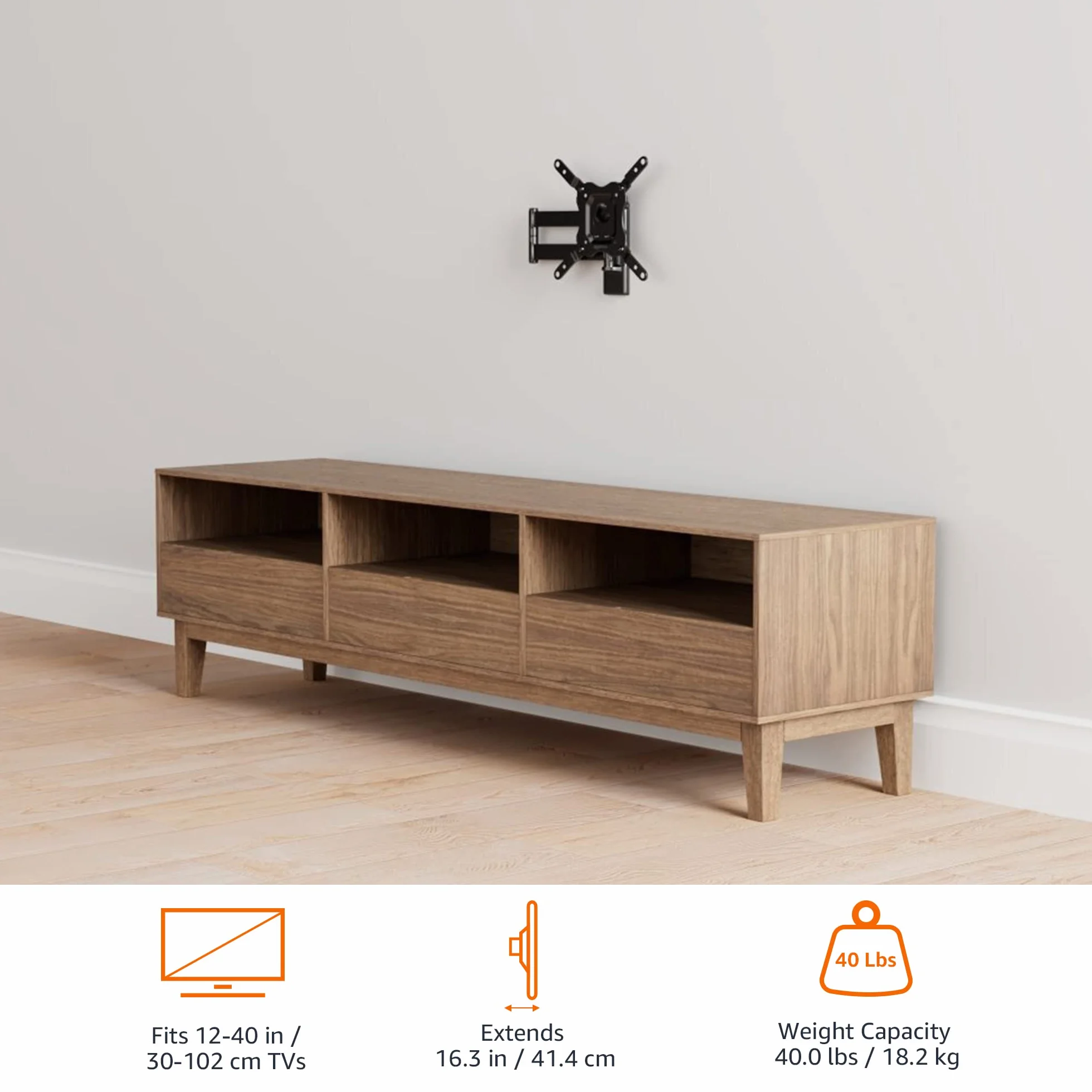Amazon Basics Support Mural Pour Téléviseur, Mouvement Complet, Pivotant et Inclinable, Pour Téléviseurs ou Écrans Plats et Incurvés 12 à 40 Pouces Jusqu’à 36kg, Support TV, VESA max. 200x200mm, Noir