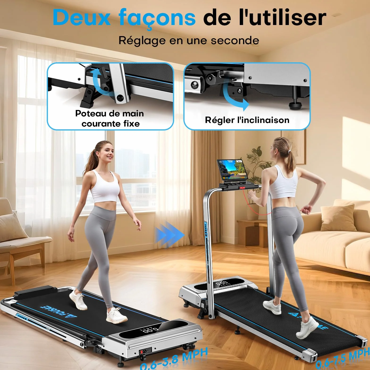 Tapis de Course Pliable FOUSAE 12 Programmes HIIT Inclinable 9% 12 KM/H Moteur 2,75 CV Charge 158kg