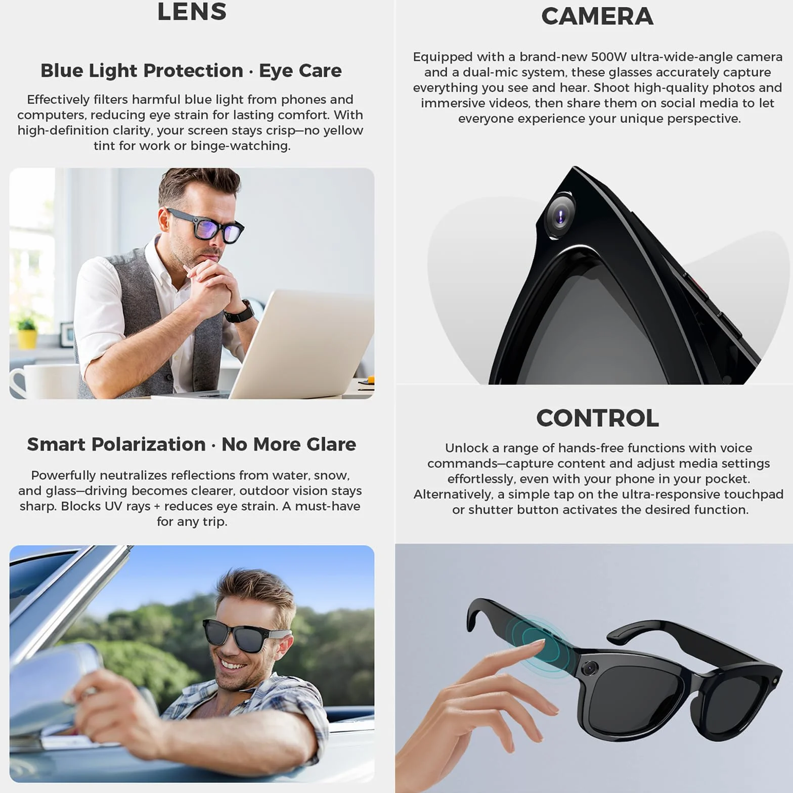 Lunettes connectées IA avec caméra, ChatGPT intégré,traduction,commande vocale,Wi-Fi 4.0,Bluetooth 5.3,prise de vue HD, lunettes de soleil intelligentes pour les voyages,la musique et les appels,B