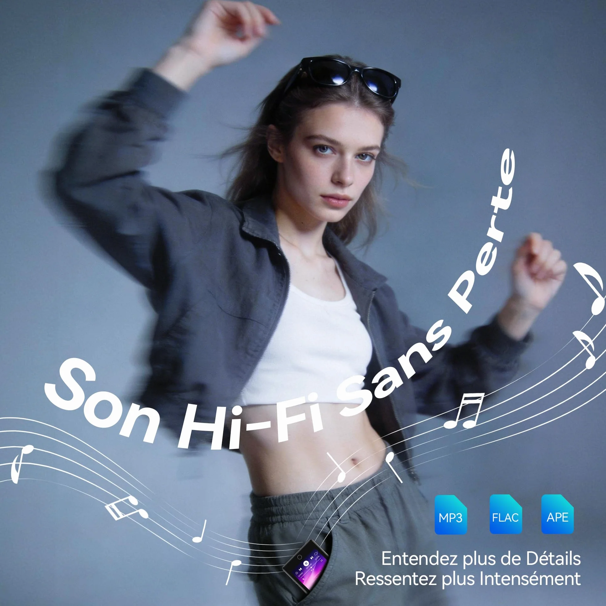 AGPTEK Lecteur MP3 Bluetooth 5.3 64Go, Baladeur Numérique 2.8" Écran Tactile HiFi Sport avec Haut-Parleur Radio FM Enregistreur