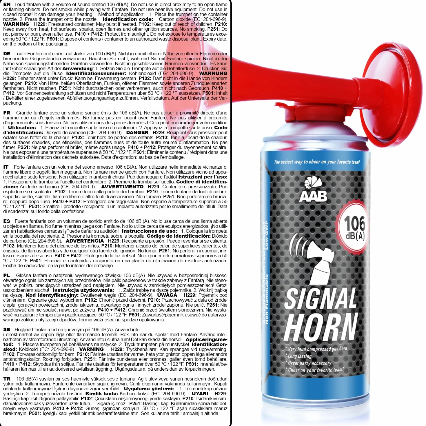 AABCOOLING 1X Signal Horn 106 DB(A) Jusqu'à 120 Signaux Corne de Brume Supporter