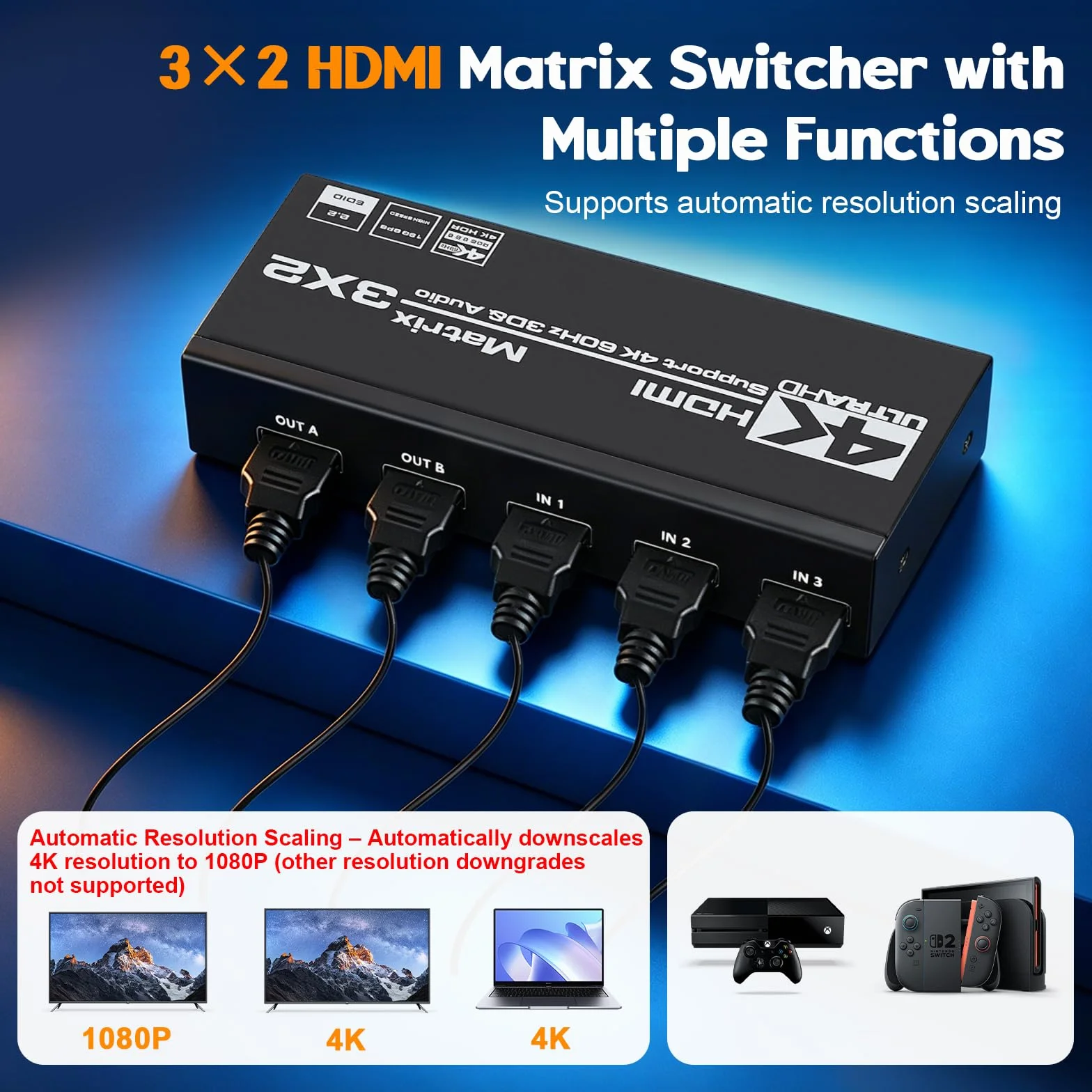Switch Hdmi 4K 60Hz 3x2, HDMI Switch Splitter 3 in 2 Out, HDCP 2.3 HDR10 18Gbps, mit IR Télécommande & 3.5mm Audio Extractor, Support 4K@60Hz, HDCP 2.2, pour Switch, PS5, Xbox, PC