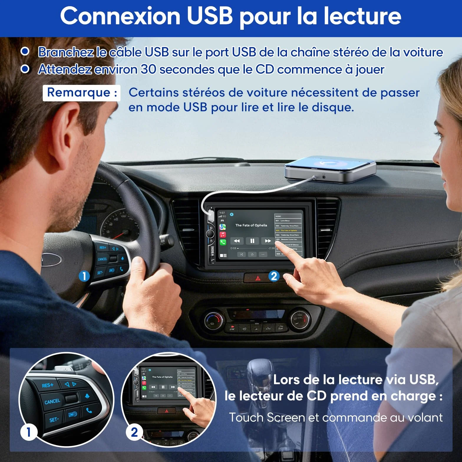 Lecteur CD Voiture USB CENXINY Externe Universel AUX Adaptateur USB-C Câble 1,5 m
