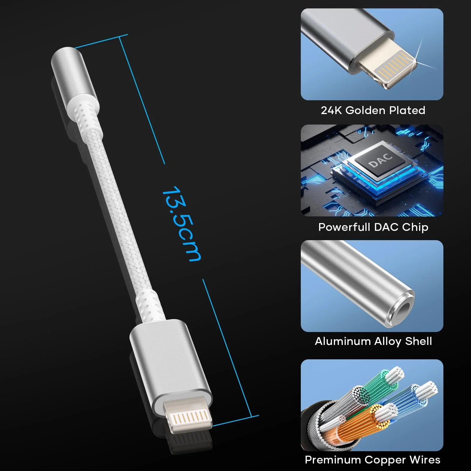 Adaptateur Lightning Jack 3,5 mm MFi Blanc Argenté Compatible iPhone 14/13/12/11/X/8/Pad
