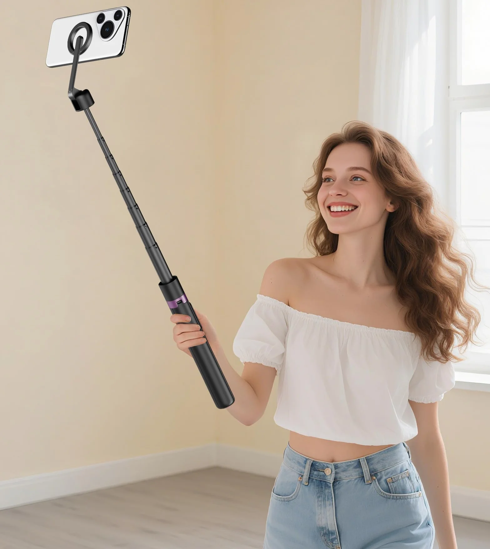 TONEOF 173cm Perche Selfie Magnétique Trépied,Fixations en Aluminium pour Magsafe, Rotatif à 360°,Trépied Voyage Rétractable avec Anneau Métallique&Télécommande,Têtes de Trépieds pour Téléphones-Noir
