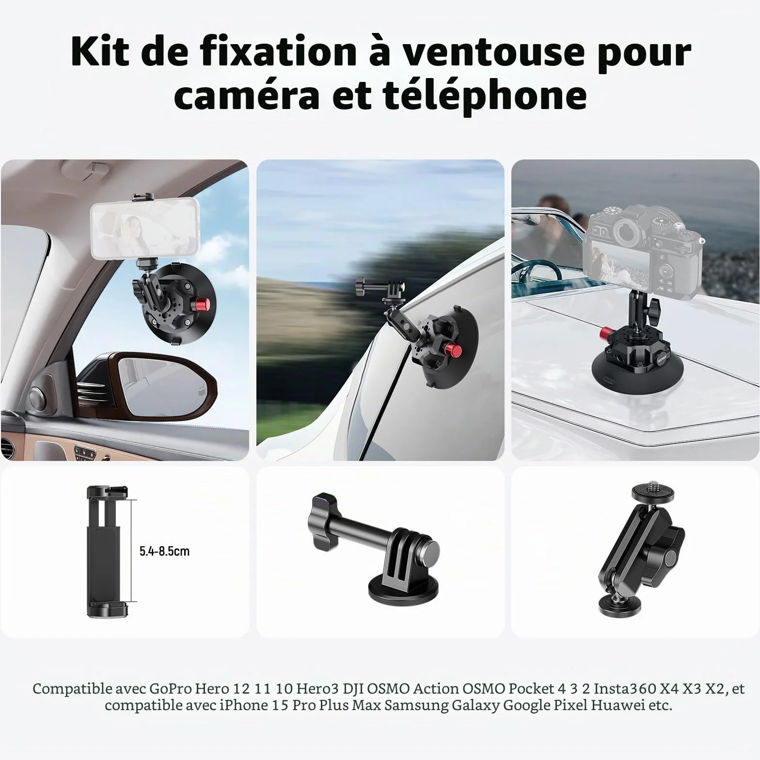 NEEWER Support Caméra Ventouse 4,5" Bras Magique, Compatible avec Arri 1/4" 3/8" Trous, Support Voiture Quick Release, Adaptateur Action Cam Compatible avec iPhone GoPro DJI Insta360, CA105