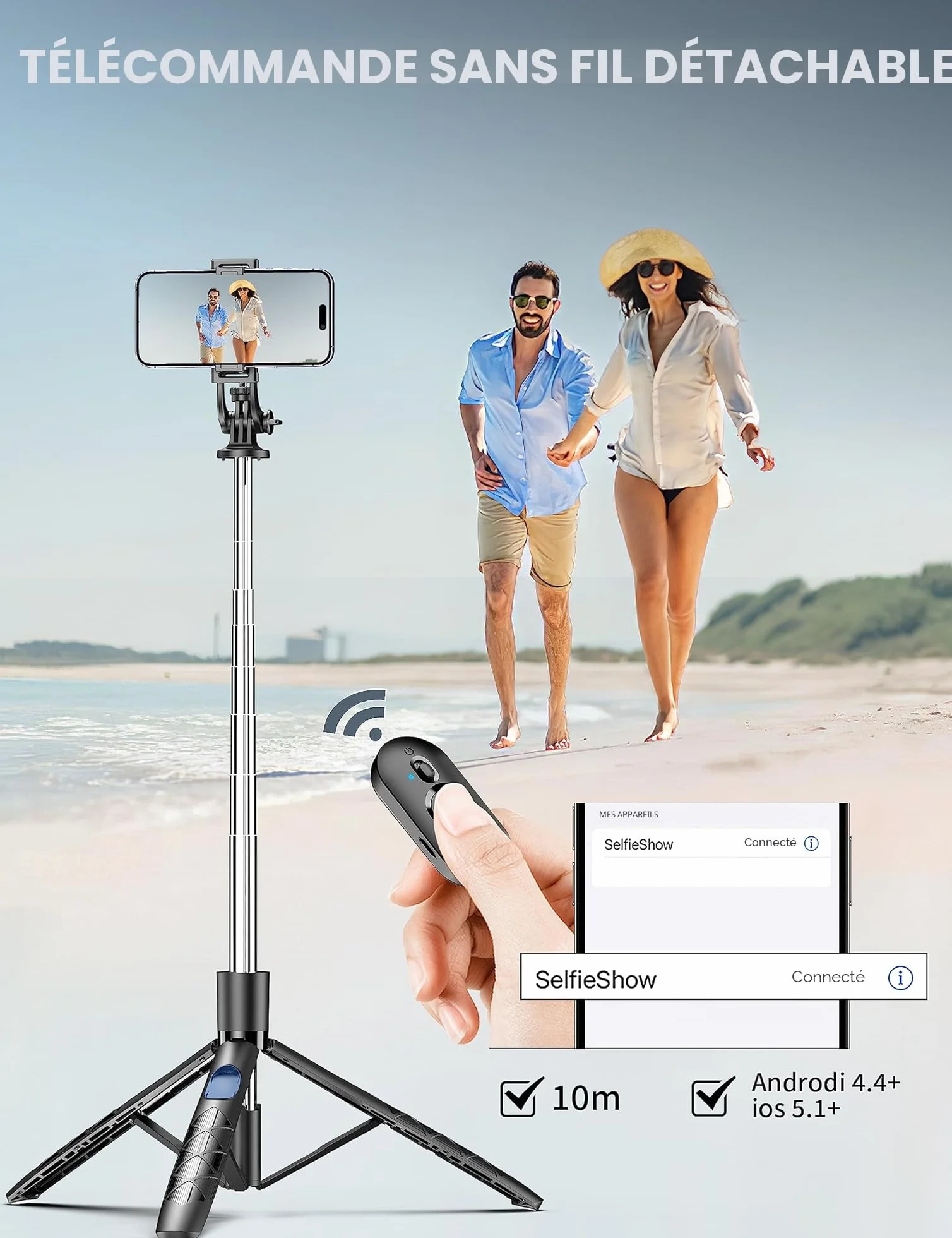 Trépied Selfie Stick 163.5cm avec Télécommande pour Smartphone iPhone Samsung GoPro