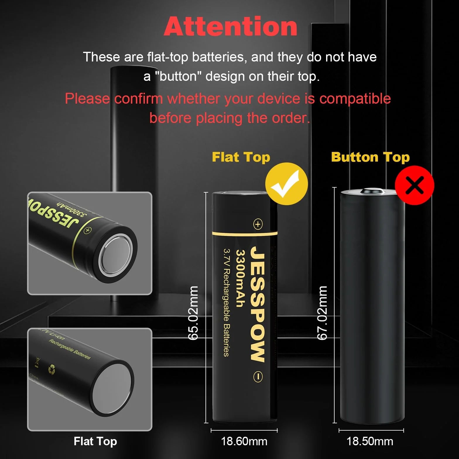 Batteries Rechargeables 3.7V 3300mAh 4Pcs Haute capacité pour Lampe Frontale LED Voiture télécommandée 18x65mm