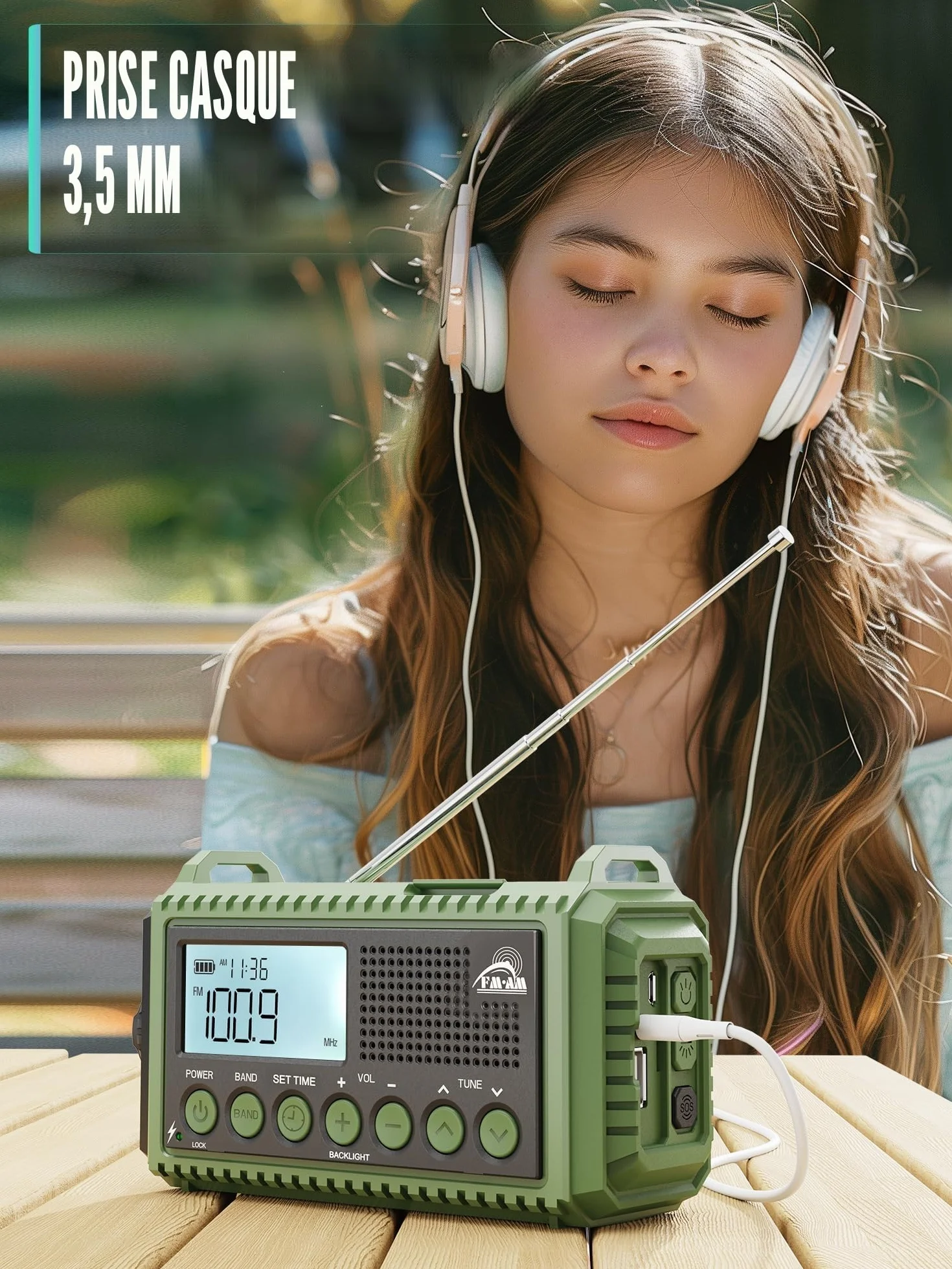 Radio Solaire FM/AM Portable 12000mAh Batterie Rechargeable d'Urgence avec Manivelle Lampe de Poche Chargeur Téléphone Alarme SOS