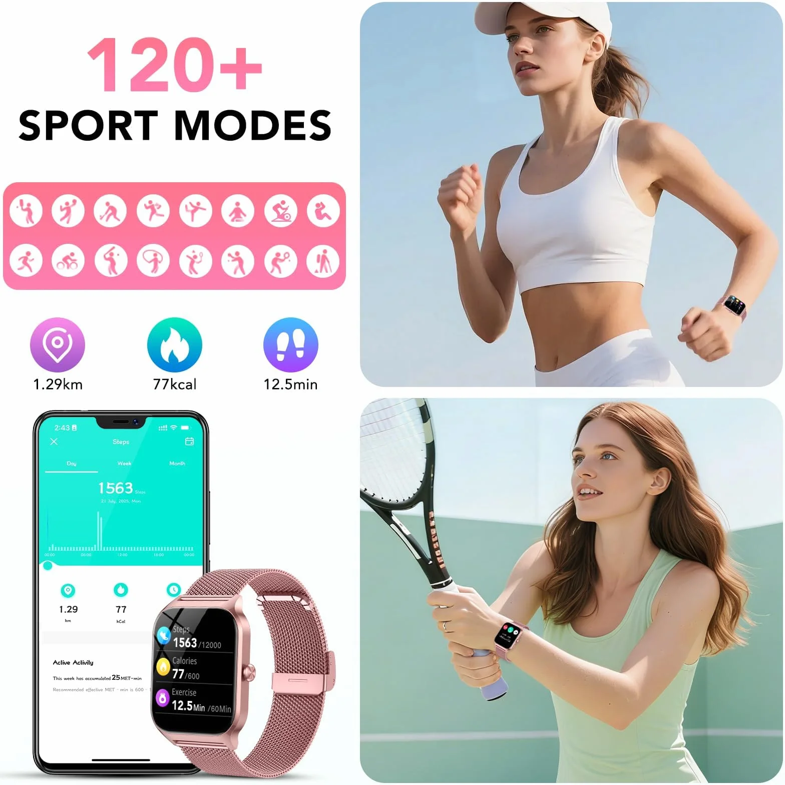 CASCHO Montre Connectée Femme avec Appel Bluetooth, 1.85"HD Smartwatch Femme avec Fréquence Cardiaque/Sommeil/SpO2, IP68 Étanche Fitness Tracker avec 120+ Modes Sportifs, pour Android iOS - Doré rose