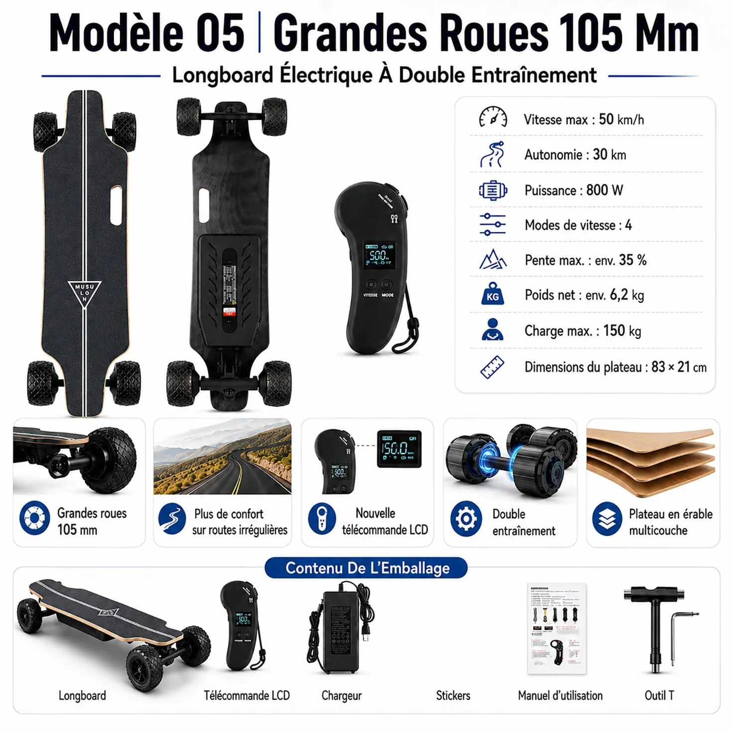 Skate Électrique Portable 105mm Double Moteur Télécommande LCD