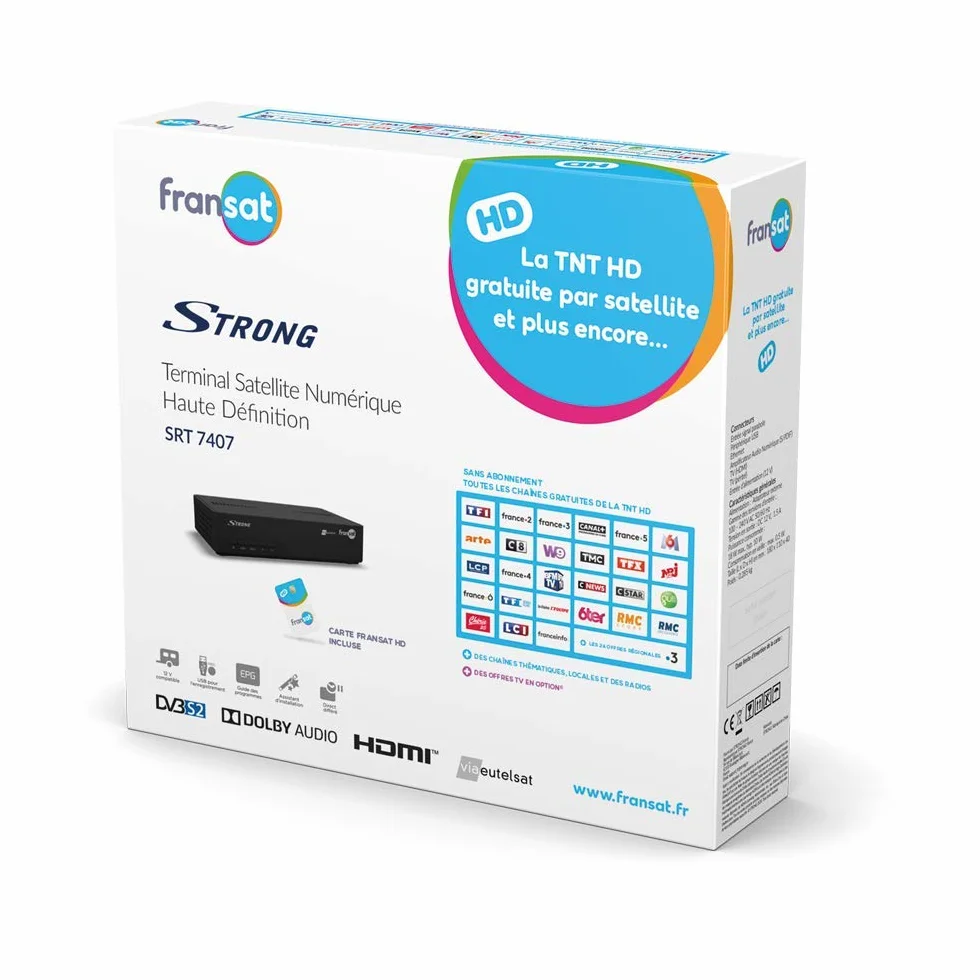 STRONG SRT7407 FRANSAT HD, DVB-S2, recevoir la TNT par Satellite, Carte FRANSAT valable 4 Ans, HDMI, Péritel, Spdif, USB, Flux RSS, Alimentation 230/12V fournie