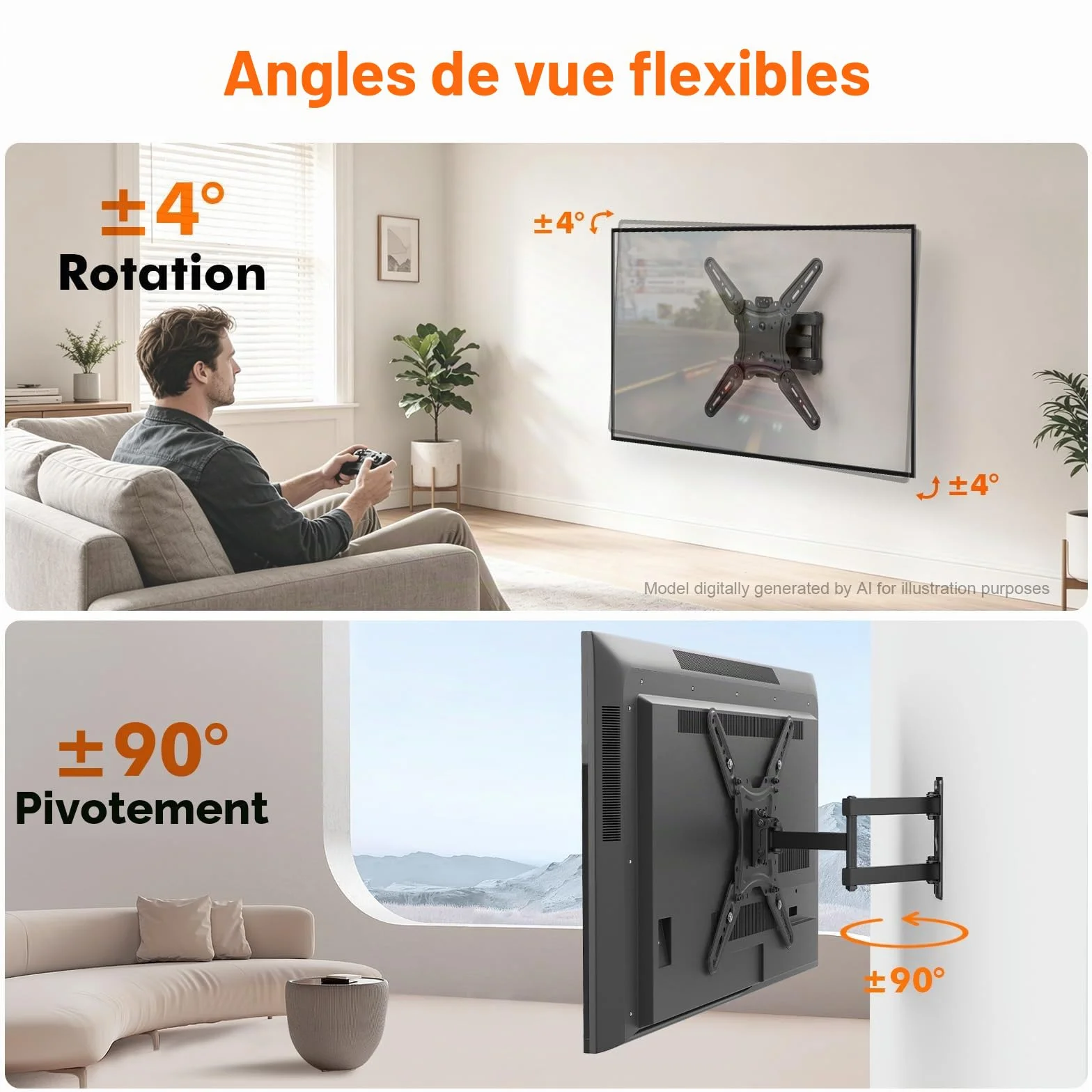 GRIFEMA Support Mural TV 26-65 Pouces - Fixation Murale TV Peut Contenir Jusqu'à 35KG, Accroche Television Mural Orientable (± 90°), Incline (+ 6°, -12°) et Étend, Support Vesa pour TV Plat/Incurvé