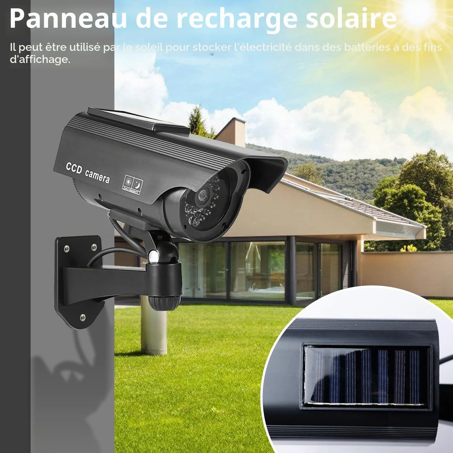 Lot De 2 Caméra Factice Extérieur, Caméra De Surveillance avec LED, Caméra Factice Extérieur, Caméra Factice Intérieur Extérieur Solaire, Caméras Factices avec LED, pour La Maison Et Le Bureau