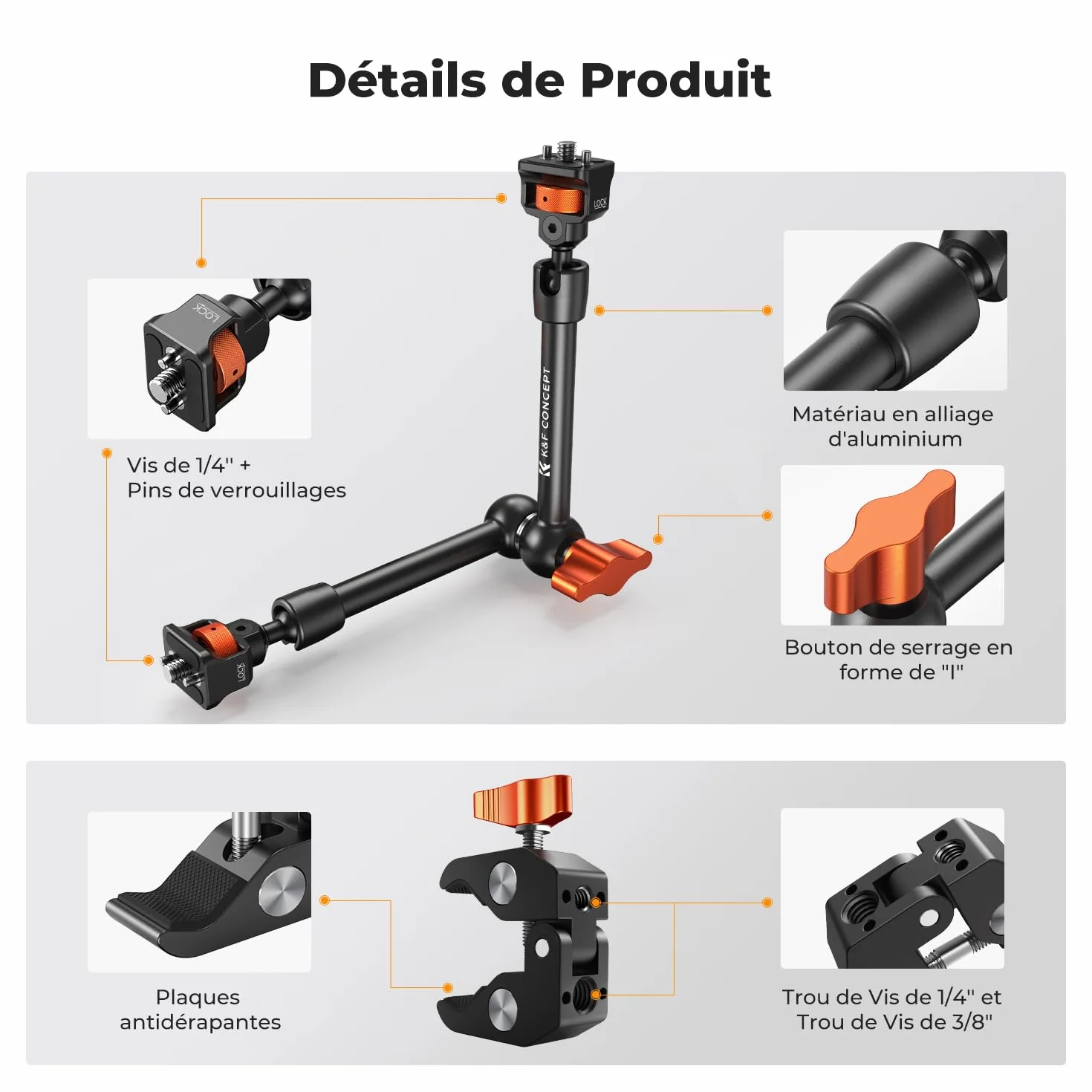 K&F CONCEPT Bras Magique 11 Pouce avec Pince Super Clamp et Vis 1/4'' 3/8'', Support Articulé Réglable pour Moniteur, Appareil Photo, Lumière LED, Microphone, Trépied Vidéo