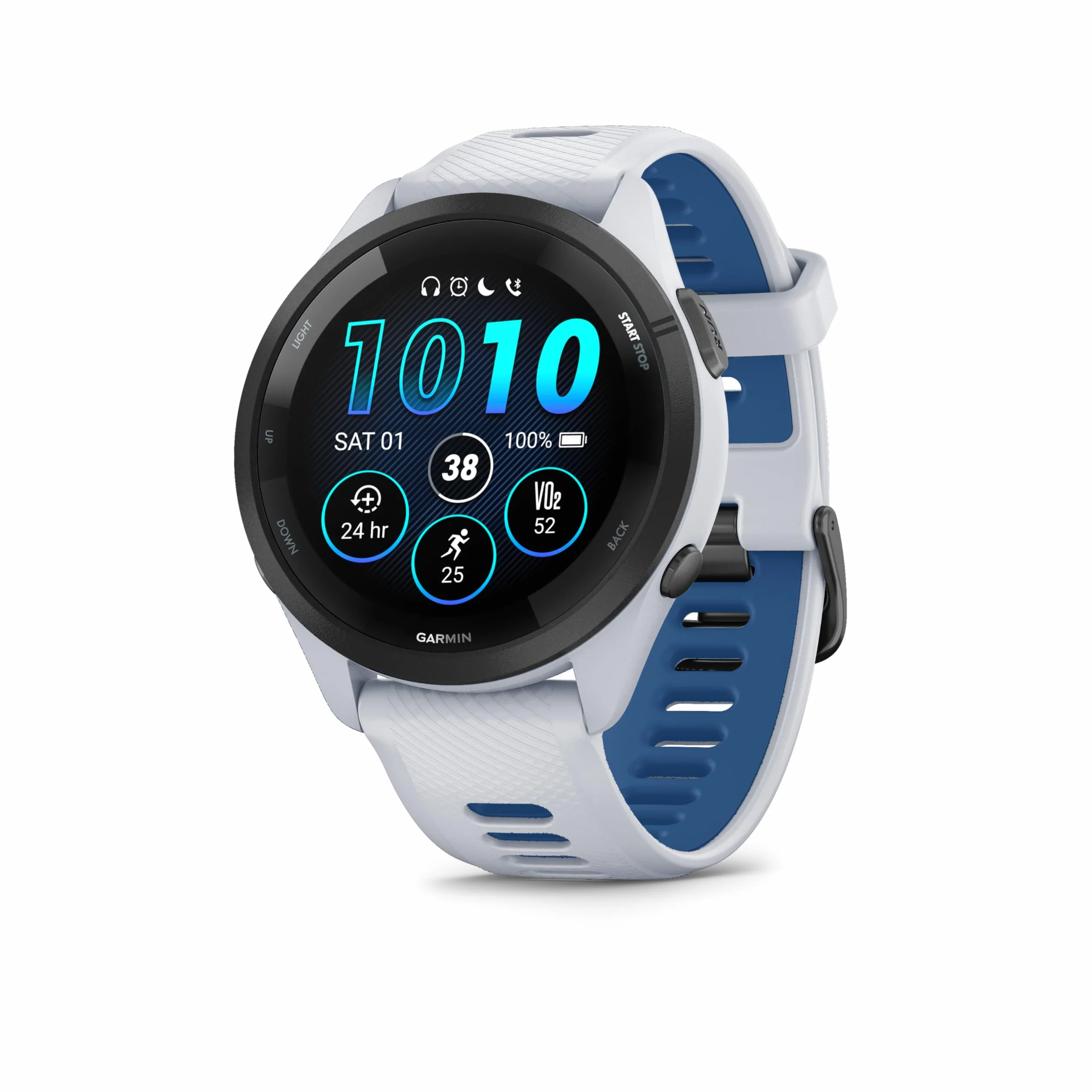 Garmin Forerunner 265 Montre GPS Running Écran AMOLED Blanche Bracelet Silicone Blanc Bleu Boîtier 46 mm
