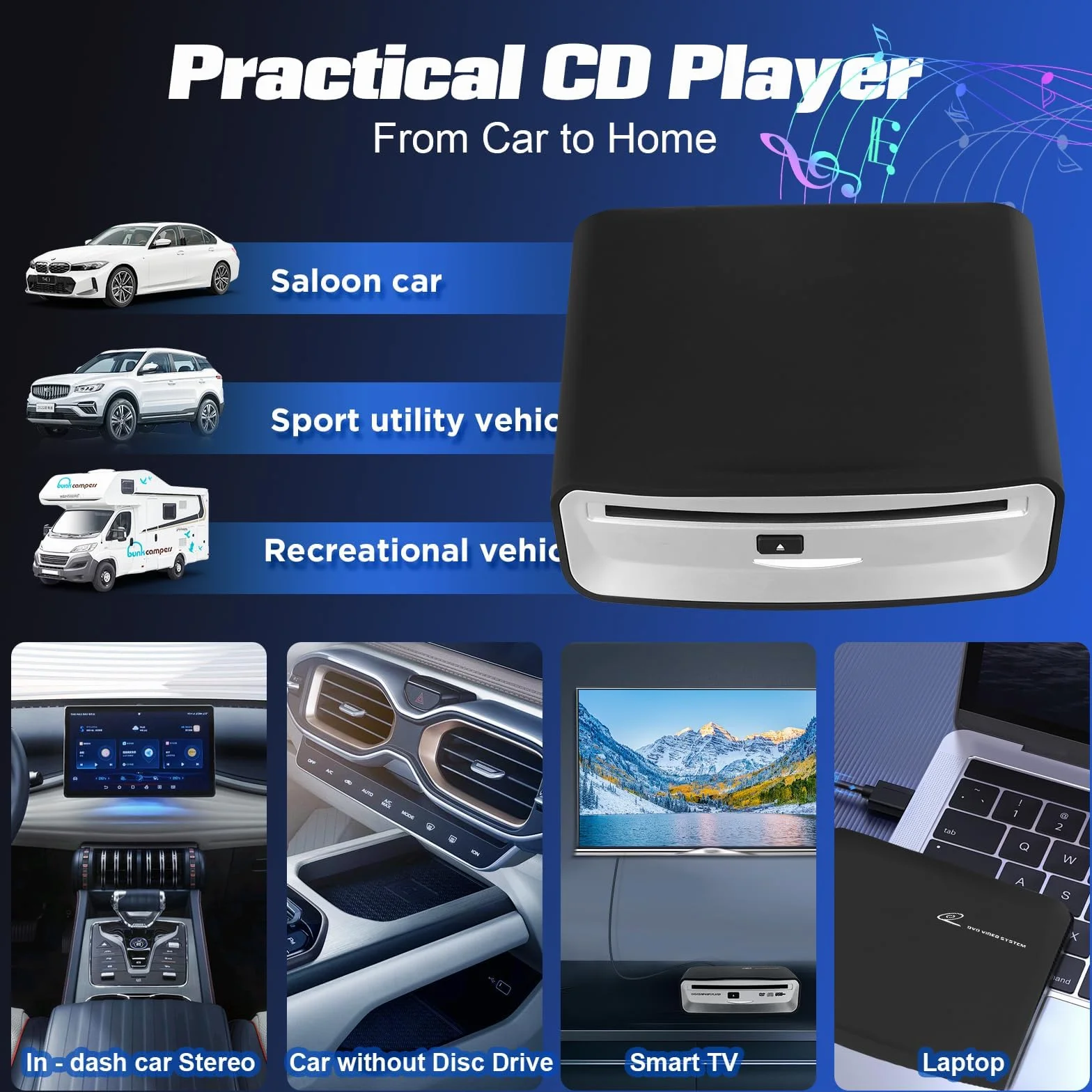 Lecteur CD DVD Externe USB pour Auto, Ordinateur, TV - Lecteur Optique Portable Plug & Play avec Connecteur USB 2.0 pour Autoradio, PC, Multimédia - Aucun Pilote Requis