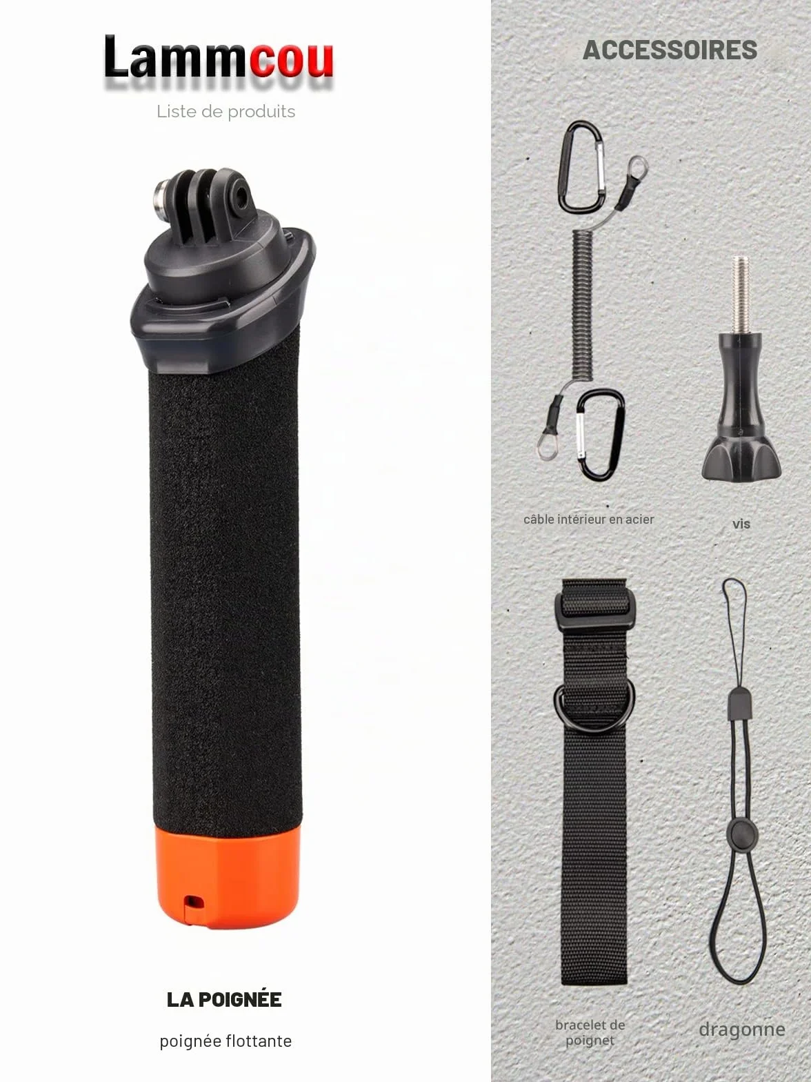 Lammcou Poignée Flottante, Go Pro étanche Handler pour plongée sous-Marine, Monopode avec Corde de sécurité et Bracelet, Floating Hand Grip pour Hero 13 12 11 10 9 Go3 X3 Accessoires
