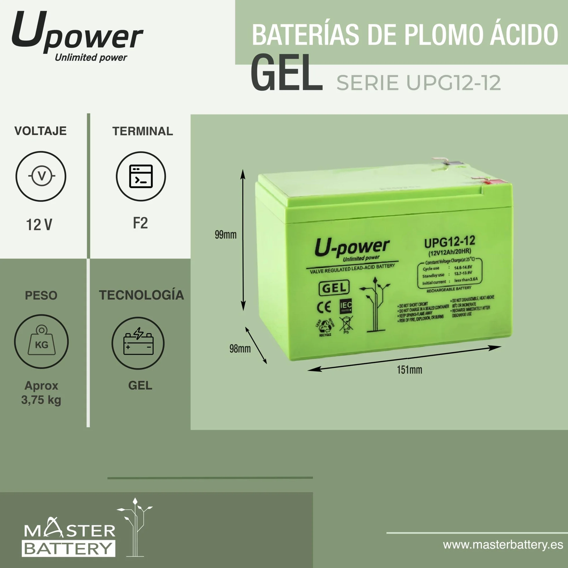 U-Power Batterie Plomb Gel 12V 12Ah F2 6,3mm