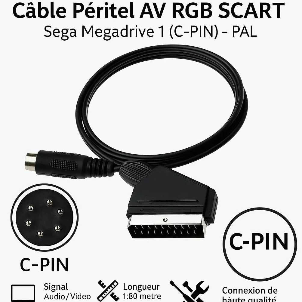 Câble Péritel AV RGB SCART pour Sega Megadrive 1 version C-Pin – Compatible Genesis JAP/US – Haute Qualité Audio/Vidéo – 1,8 m