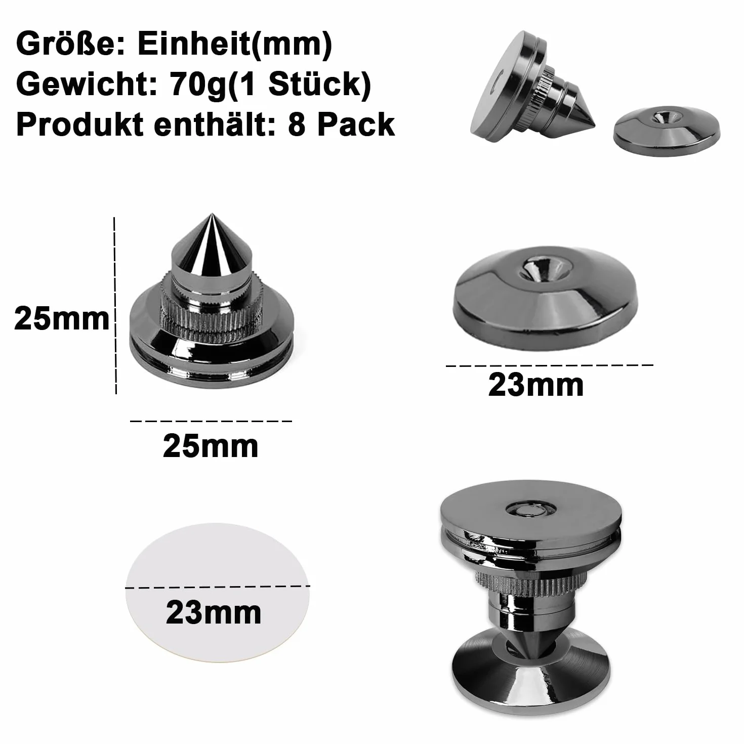 Lot de 8 pics de haut-parleur nickelés 24 K - Protection du sol - Pieds d'isolation résistants aux chocs pour appareils Hi-Fi (noir)