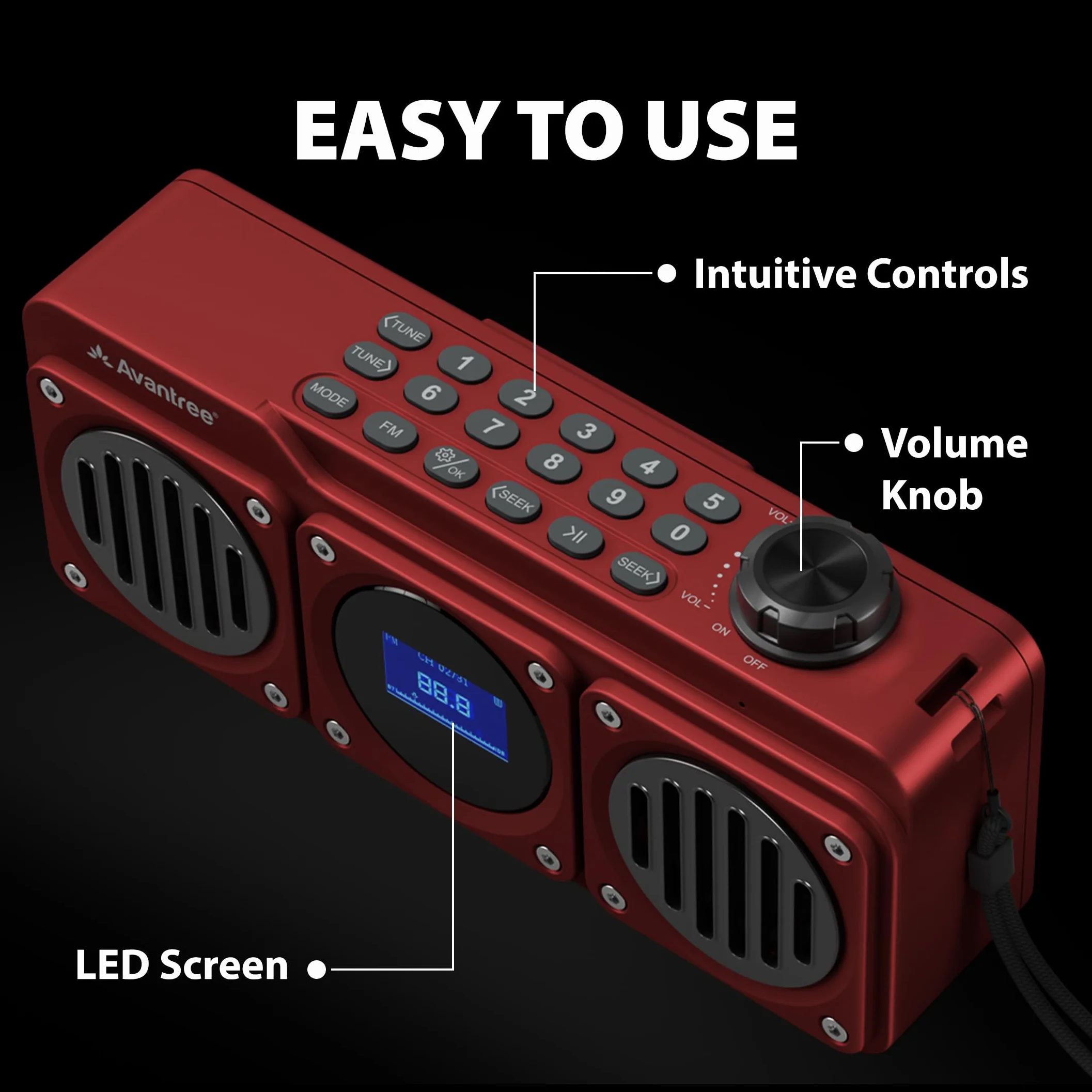 Avantree Boombyte Radio FM Portable Bluetooth Enceinte 14W Son Stéréo Rechargeable Lecteur MP3 Rouge