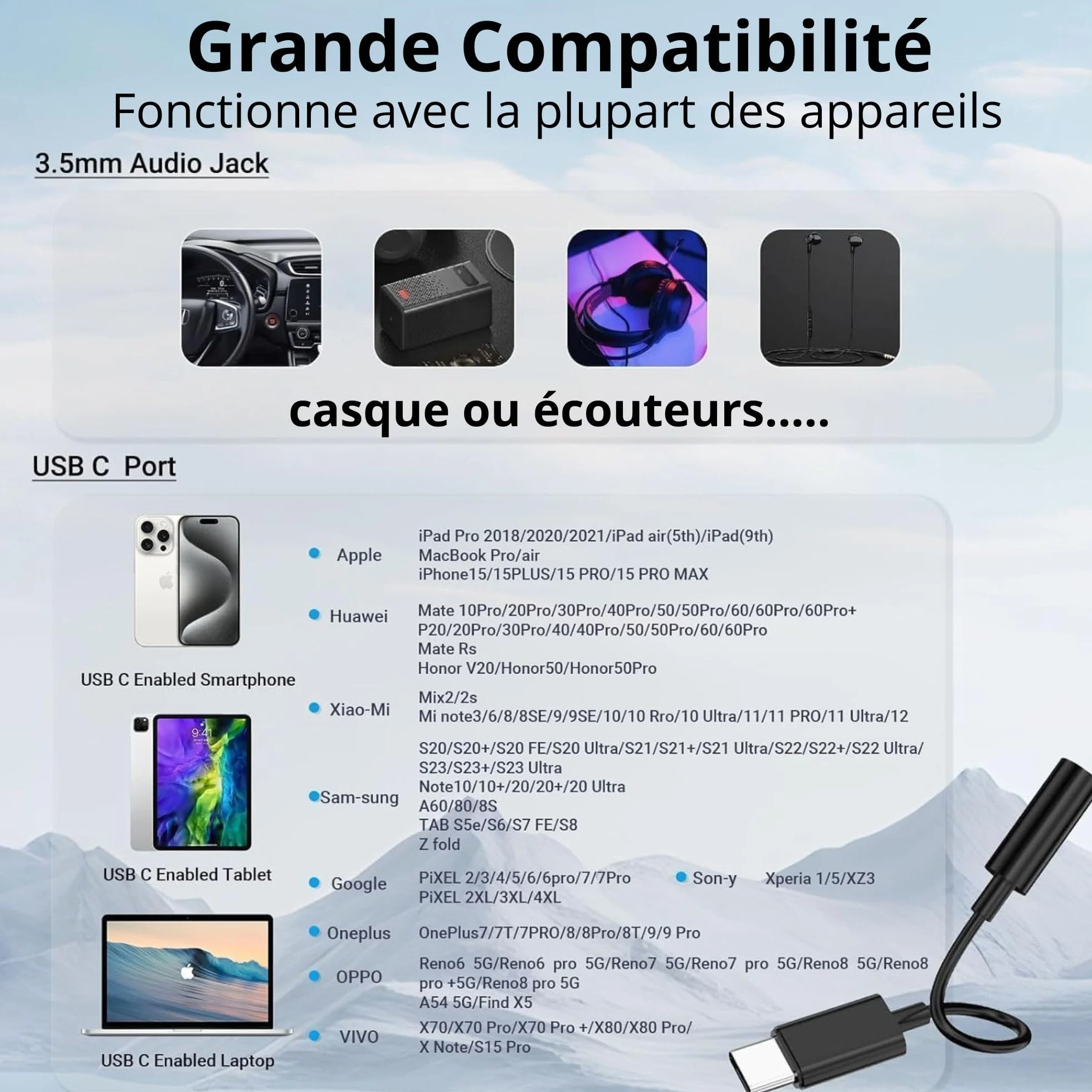 Clem Tech - Adaptateur USB C Jack, Prise USB C vers Prise Casque 3,5mm, Convertisseur Câble USBC vers Ecouteur Compatible avec Samsung Galaxy, MacBook Pro, Huawei, Honor..