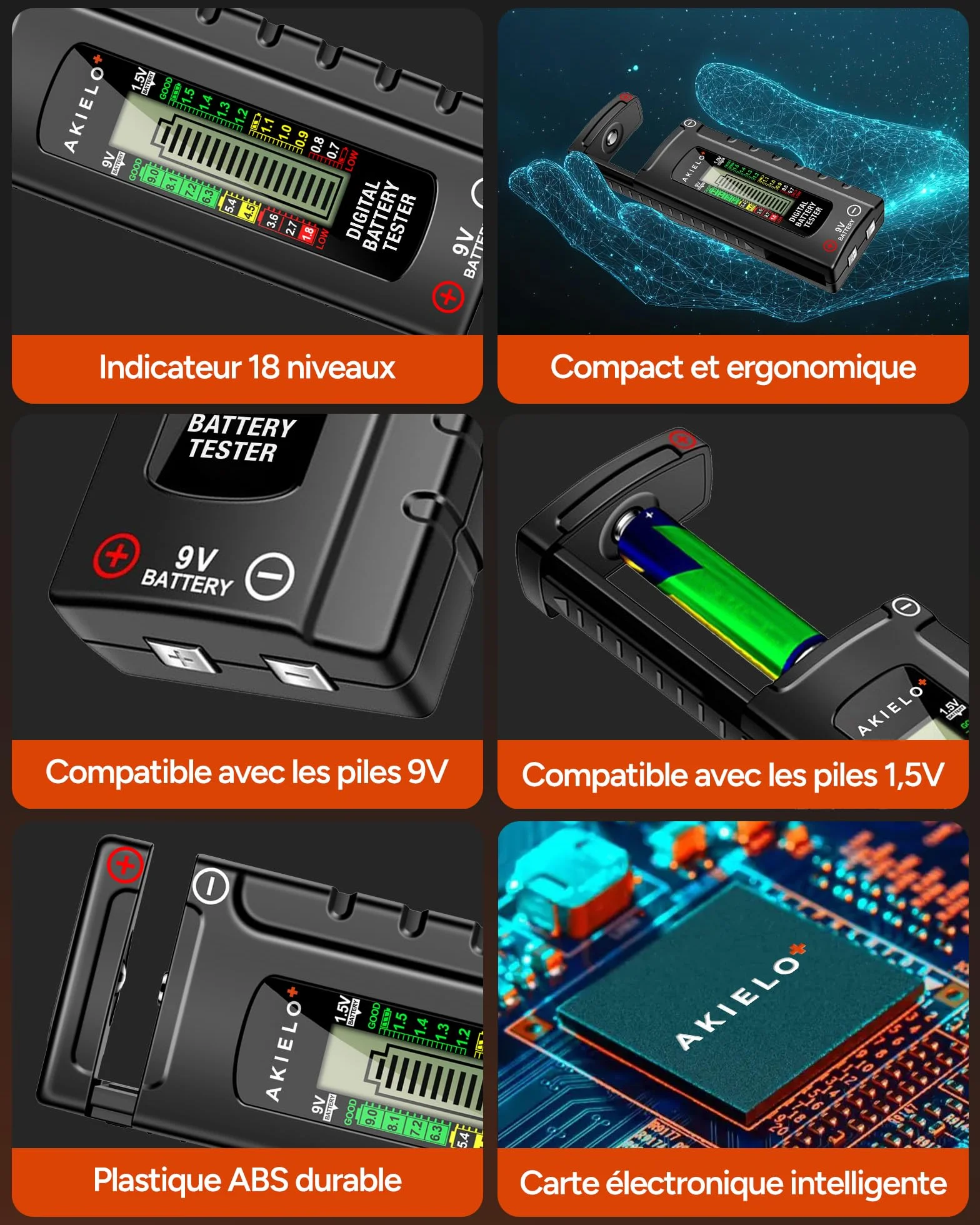 AKIELO+ Testeur Universel de Piles Numérique – Écran LCD Facile à Lire – Aucune Pile Nécessaire – Compatible AA AAA C D 9V 1,5V et Piles Bouton