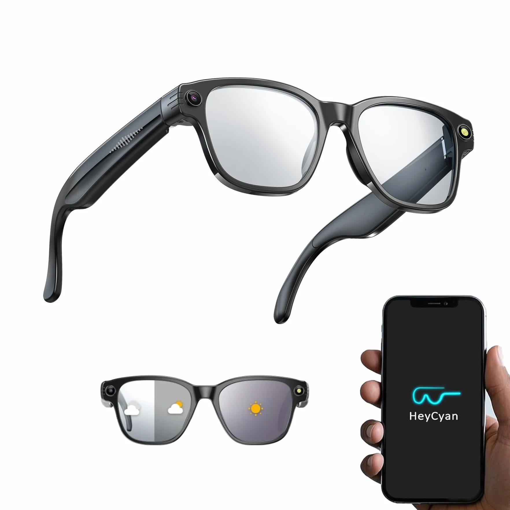Lunettes Intelligentes AI avec Caméra 8MP, Lunette Camera Bluetooth Homme, Traduction IA Temps Réel, Audio Open-Ear, Lentilles Automatiques, Protection UV, Vidéo HD 1200P