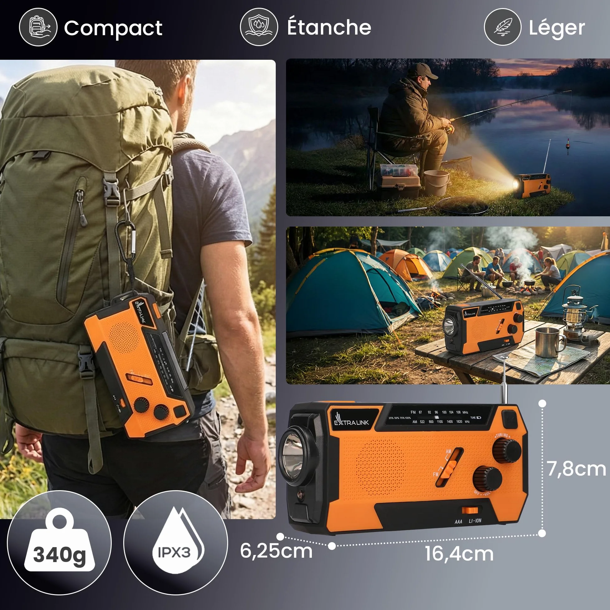 Radio Portable d'Urgence à Manivelle avec Panneau Solaire 4000mAh FM/AM Torche LED SOS Extralink