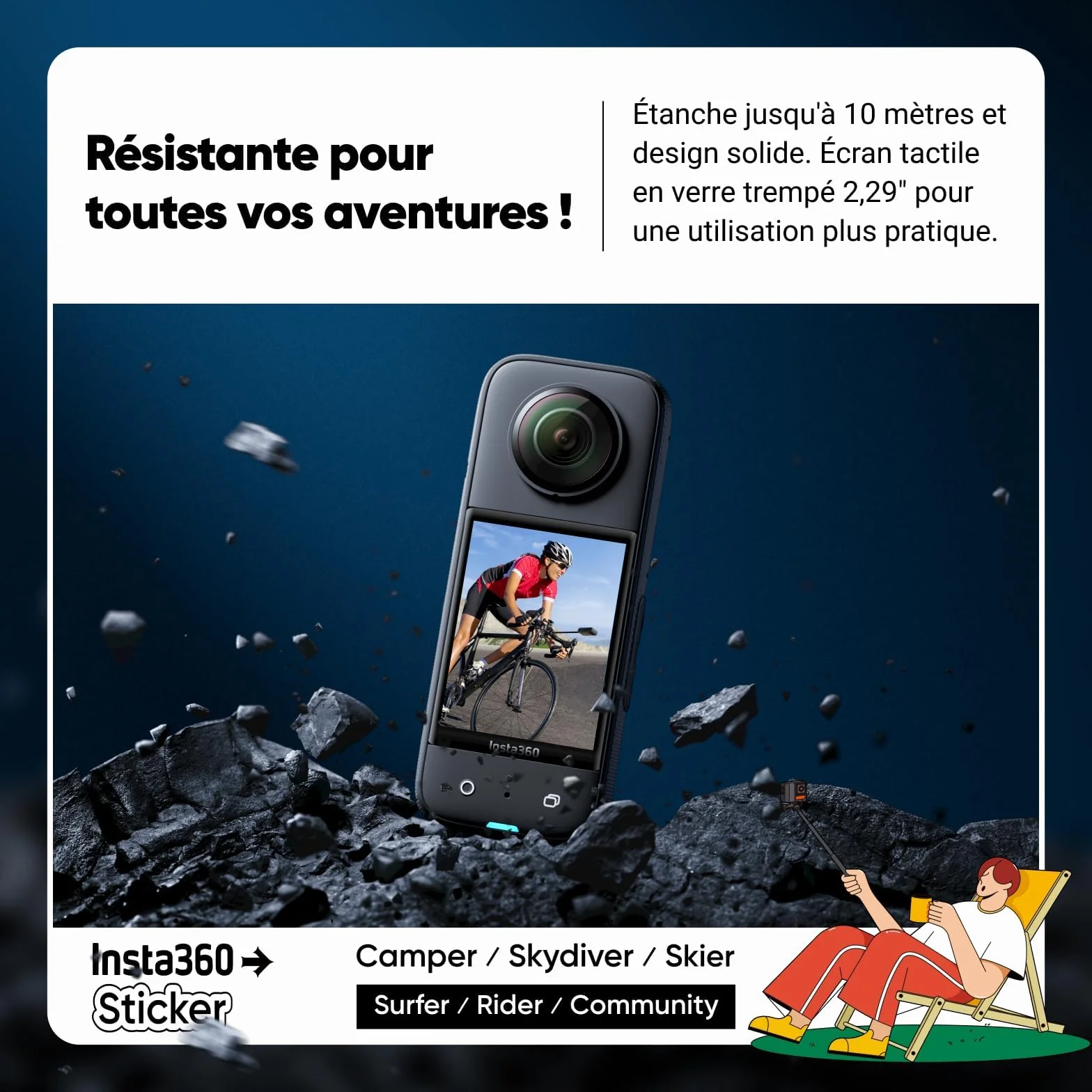 Insta360 X3 Caméra d'action 360° étanche 5,7K HDR Active 48MP 1/2" 72MP écran tactile 2,29"