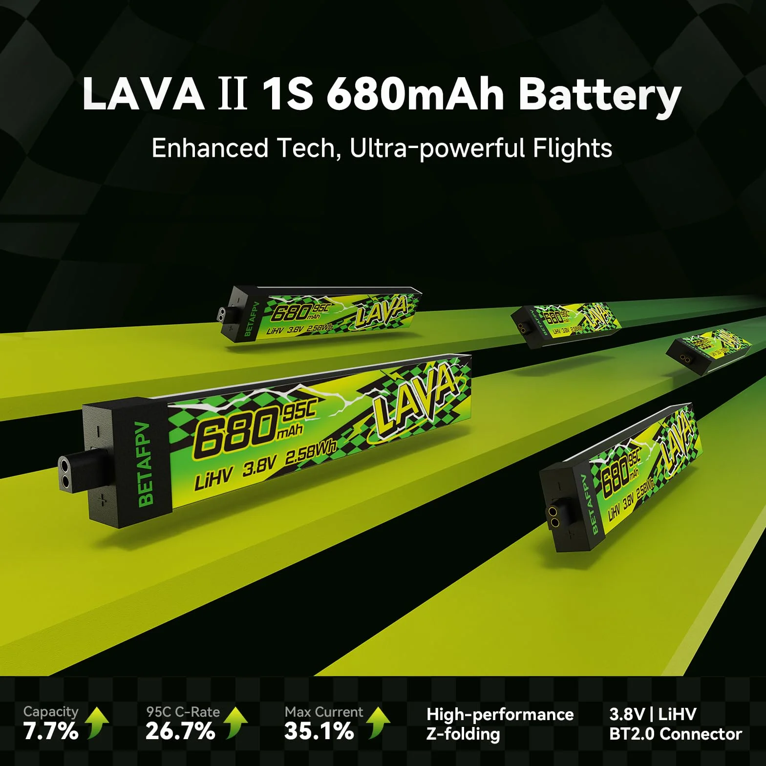 BETAFPV 4pcs Lava II 1S 680mAh Battery 3.8V 95C LiHV Lipo with BT2.0 Connector Compatible with Micro Whoop Drone Quadcopter Like Air75, Meteor75 Pro 1S Brushless Quad