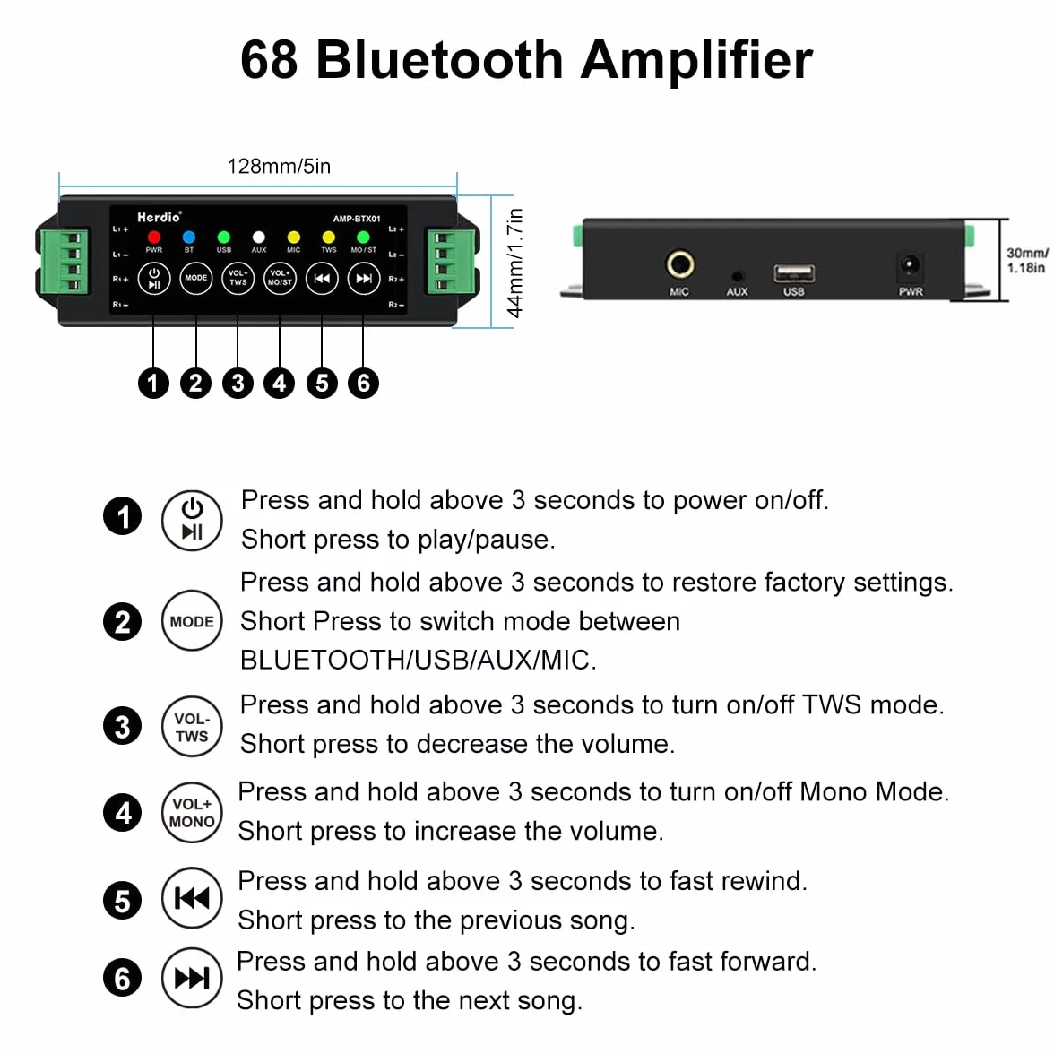 Herdio 6,5 Pouces 800 W Haut-parleurs Bluetooth d'extérieur, filaires étanches avec amplificateur Multifonctionnel, Haut-parleurs muraux pour terrasse, Piscine, Jardin (Blanc)