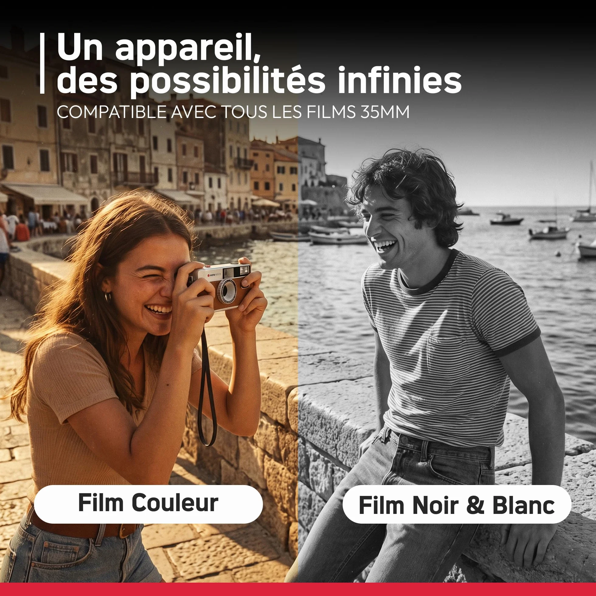AGFAPHOTO - Appareil Photo Argentique 35mm – Objectif 31 mm F9, Flash Intégré, Mise au Point Fixe, Compatible Pellicules ISO 200/400/800 – Étui et Dragonne Inclus - Beige