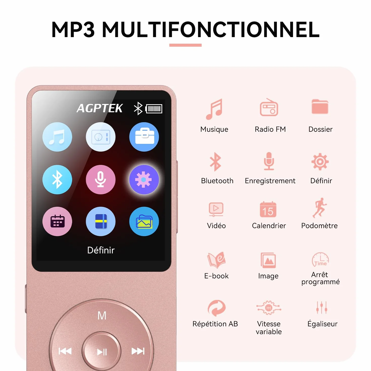 AGPTEK Lecteur MP3 Bluetooth 5.3 64Go Baladeur Portable HiFi 70H Autonomie Radio FM Or Rose
