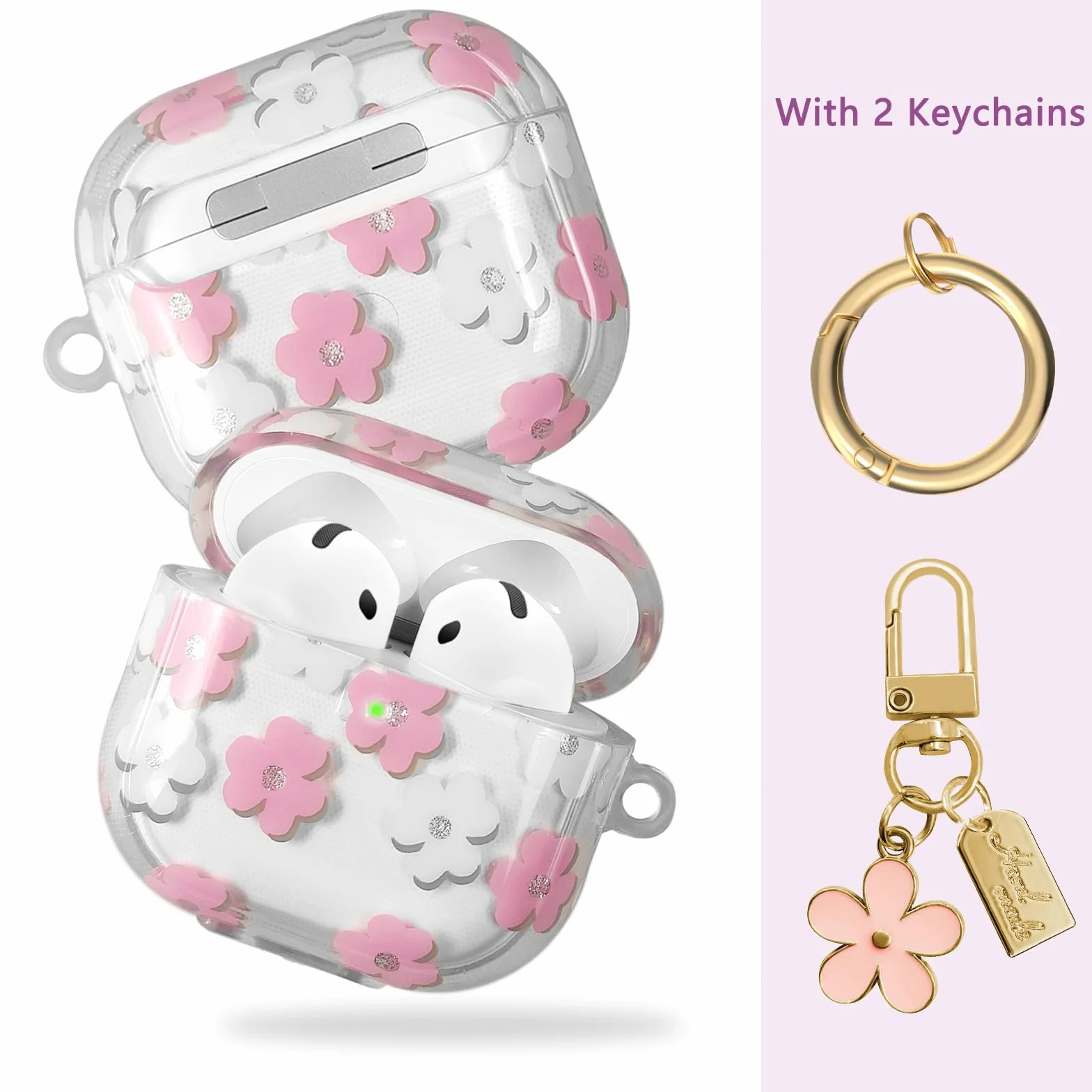 Coque AirPods 4 2024 TPU Souple Motif Floral avec Porte-clés et Kit de Nettoyage Rose